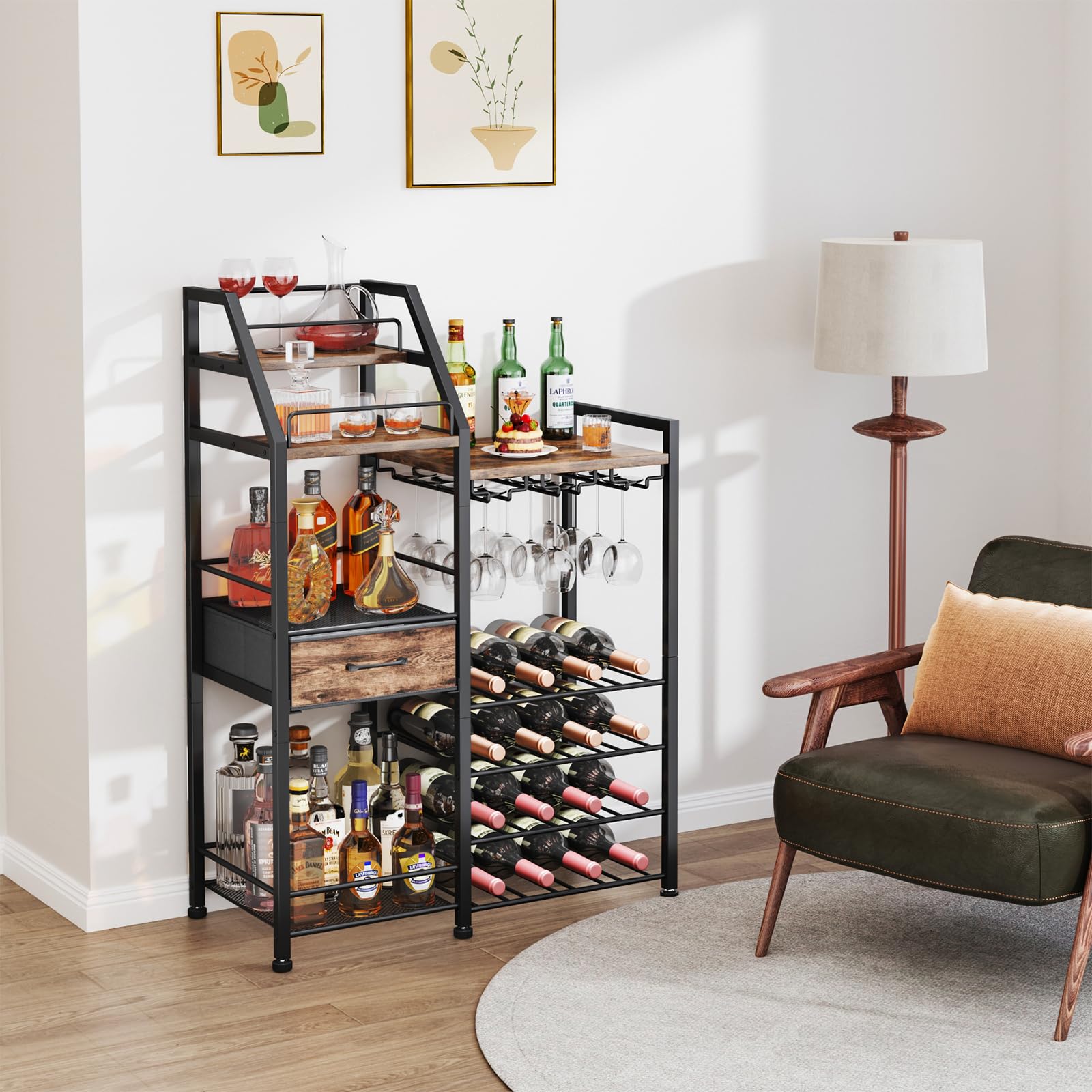 4-Tier Wine Rack with Glass Holder and Fabric Drawer