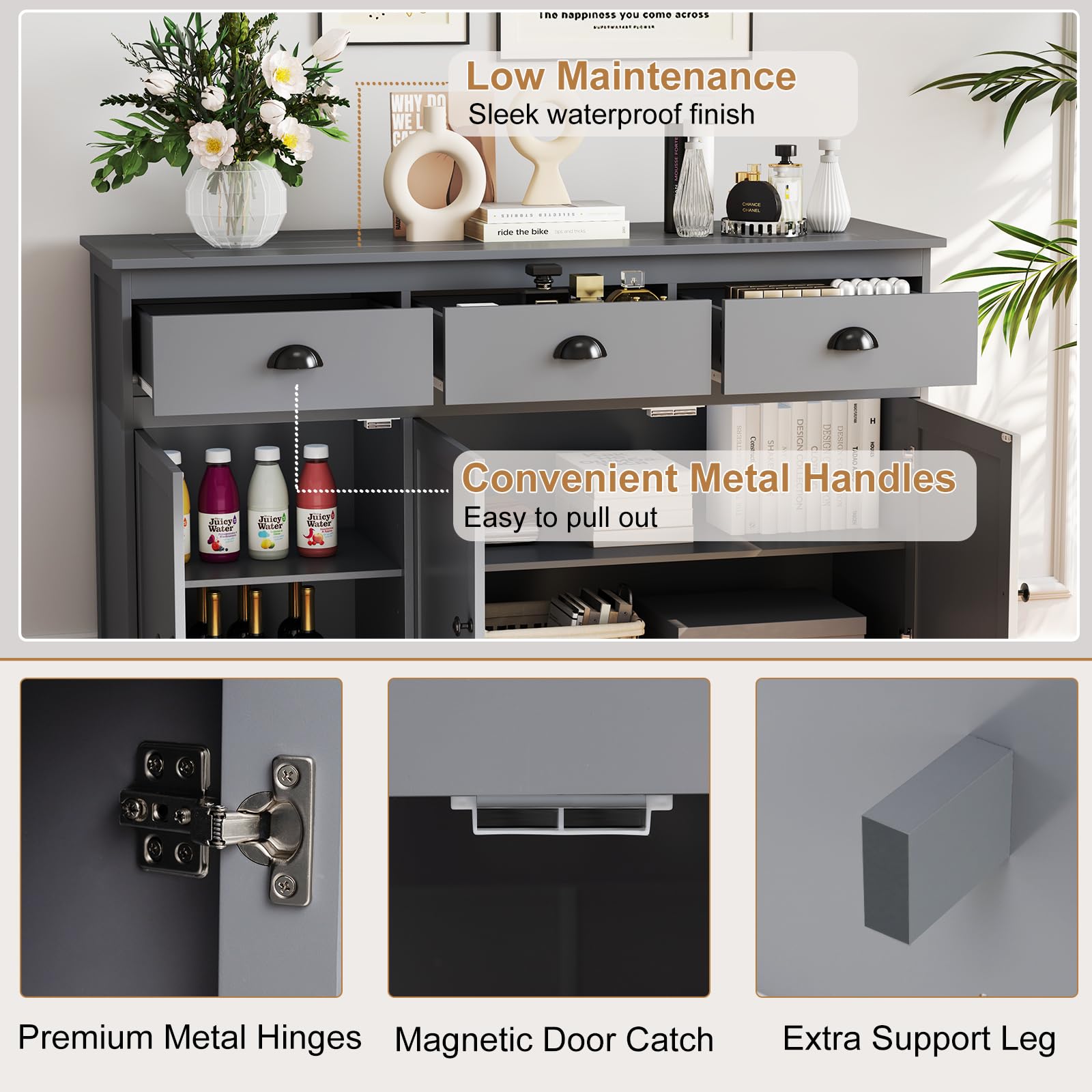 Grey Sideboard Buffet Cabinet with 3 Drawers and 2 Doors