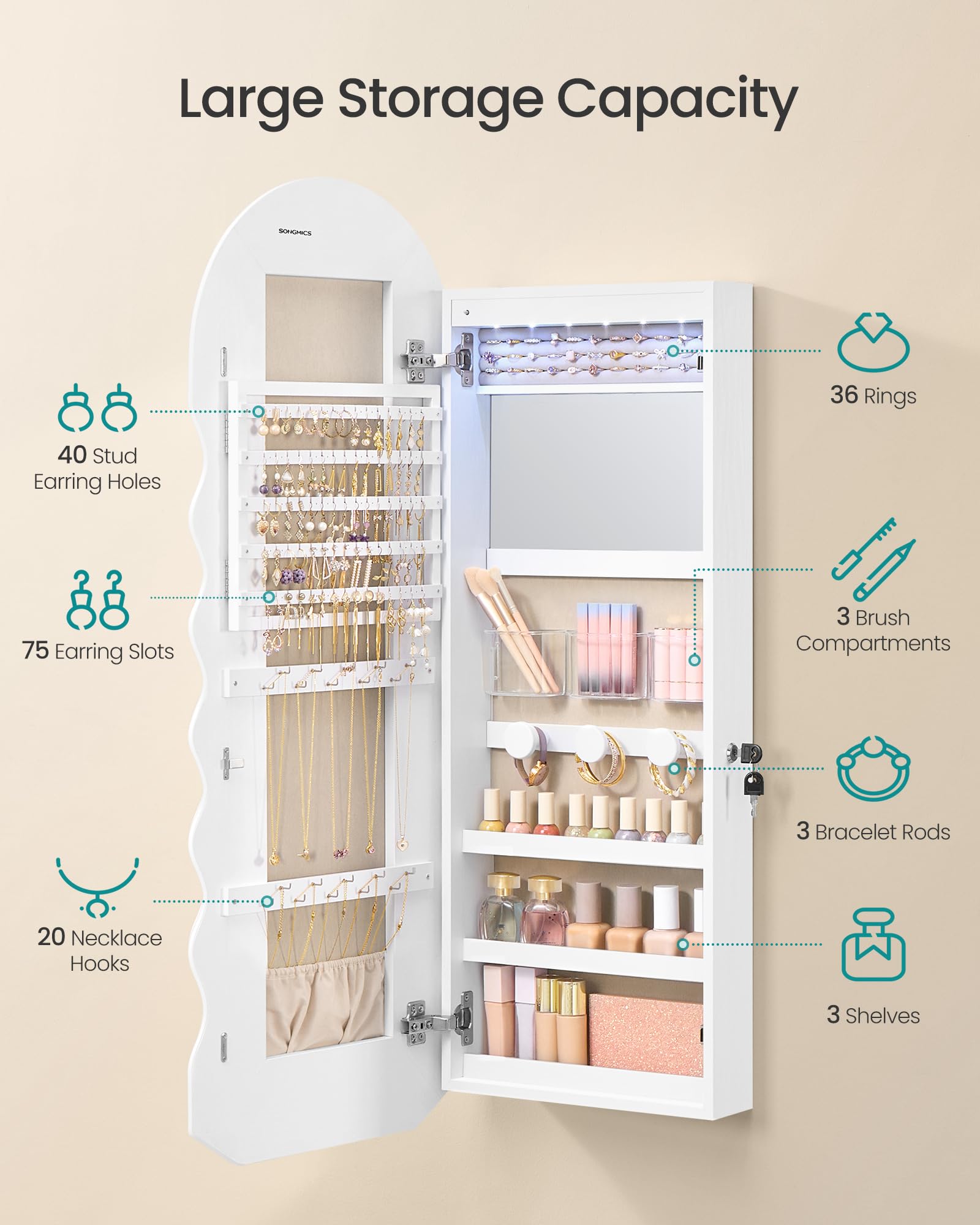 Wall-Mounted Mirror Jewelry Cabinet with LED Lights