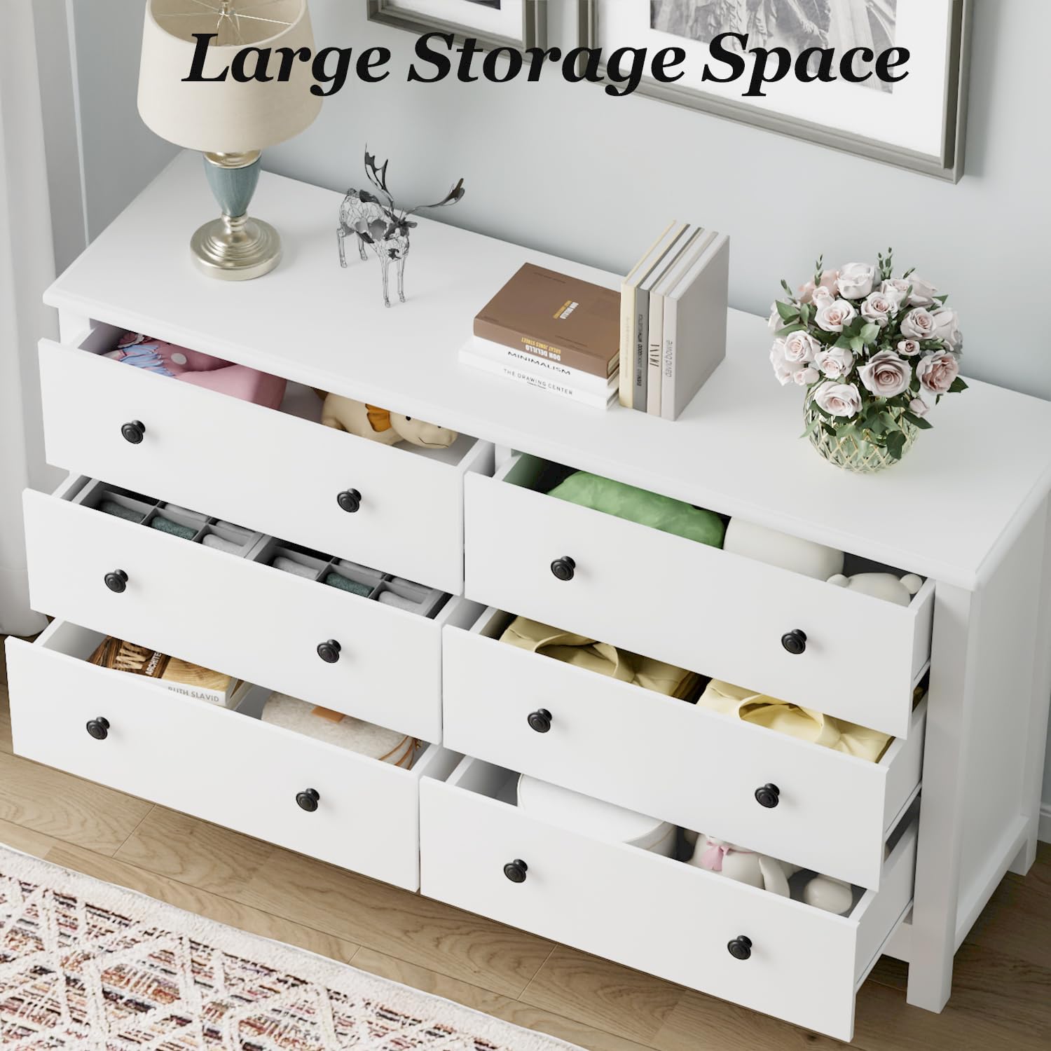 White 6 Drawer Dresser with Black Knobs