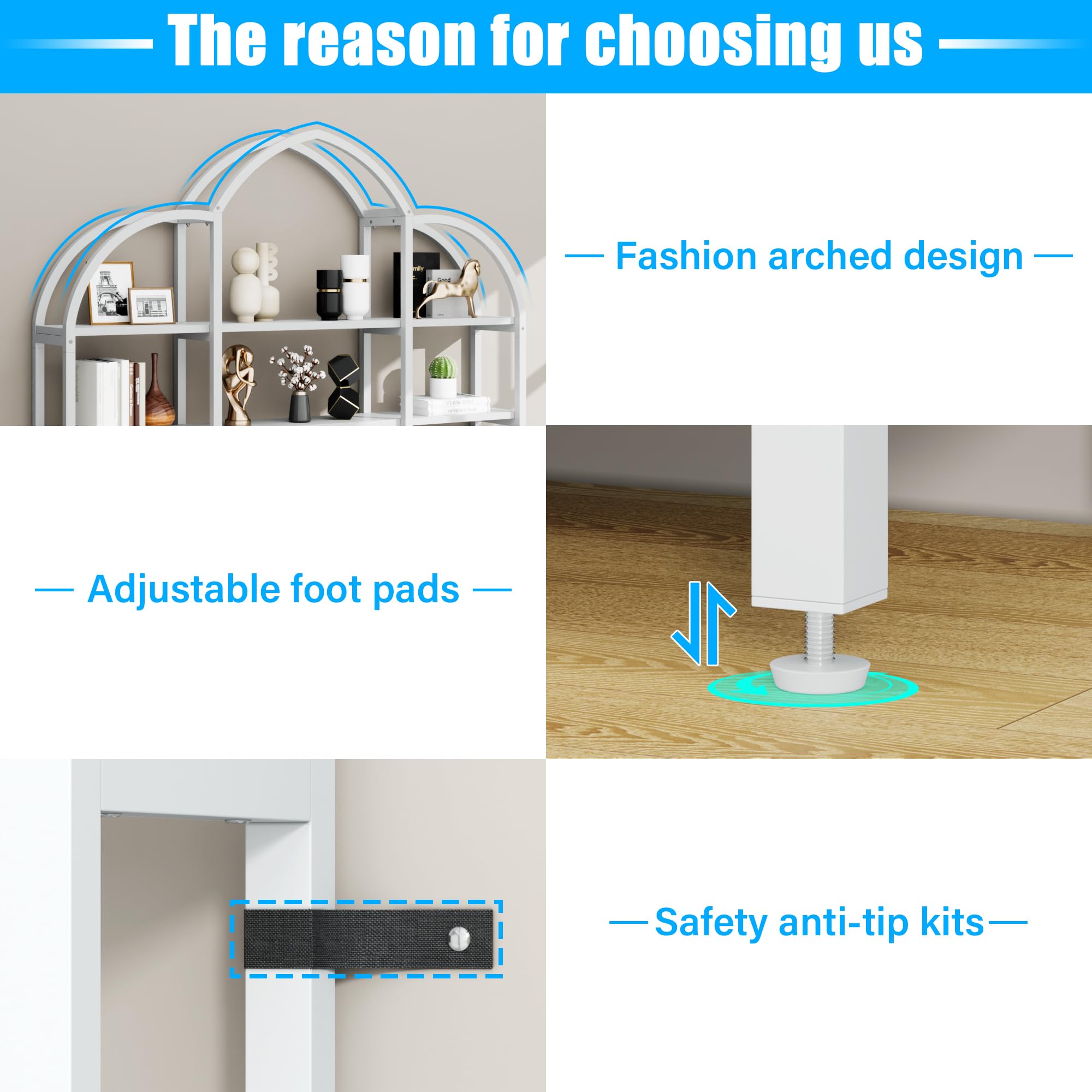 Tall Arched Bookshelf with 3 Cabinets - Triple Wide 5 Tier Industrial Etagere