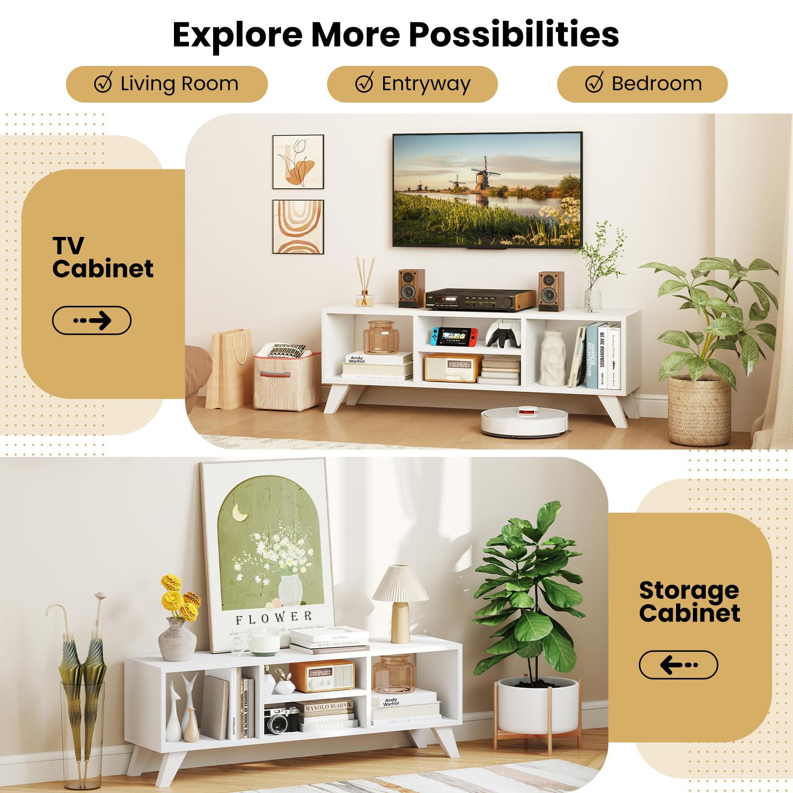 White TV Stand for TVs up to 55 Inches with 4 Open Storage Cubbies