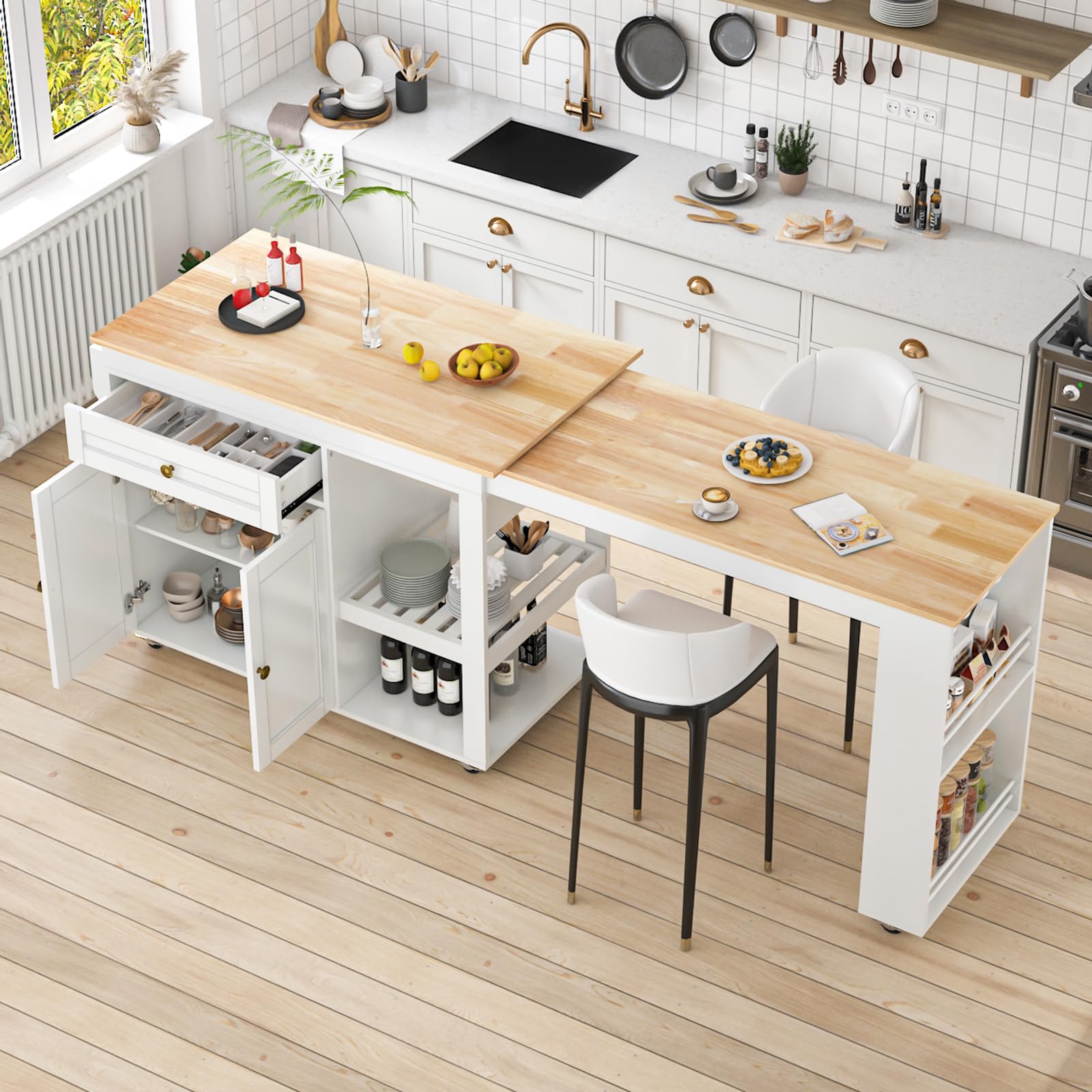 81.5" Kitchen Island with Extendable Dining Table on Wheels