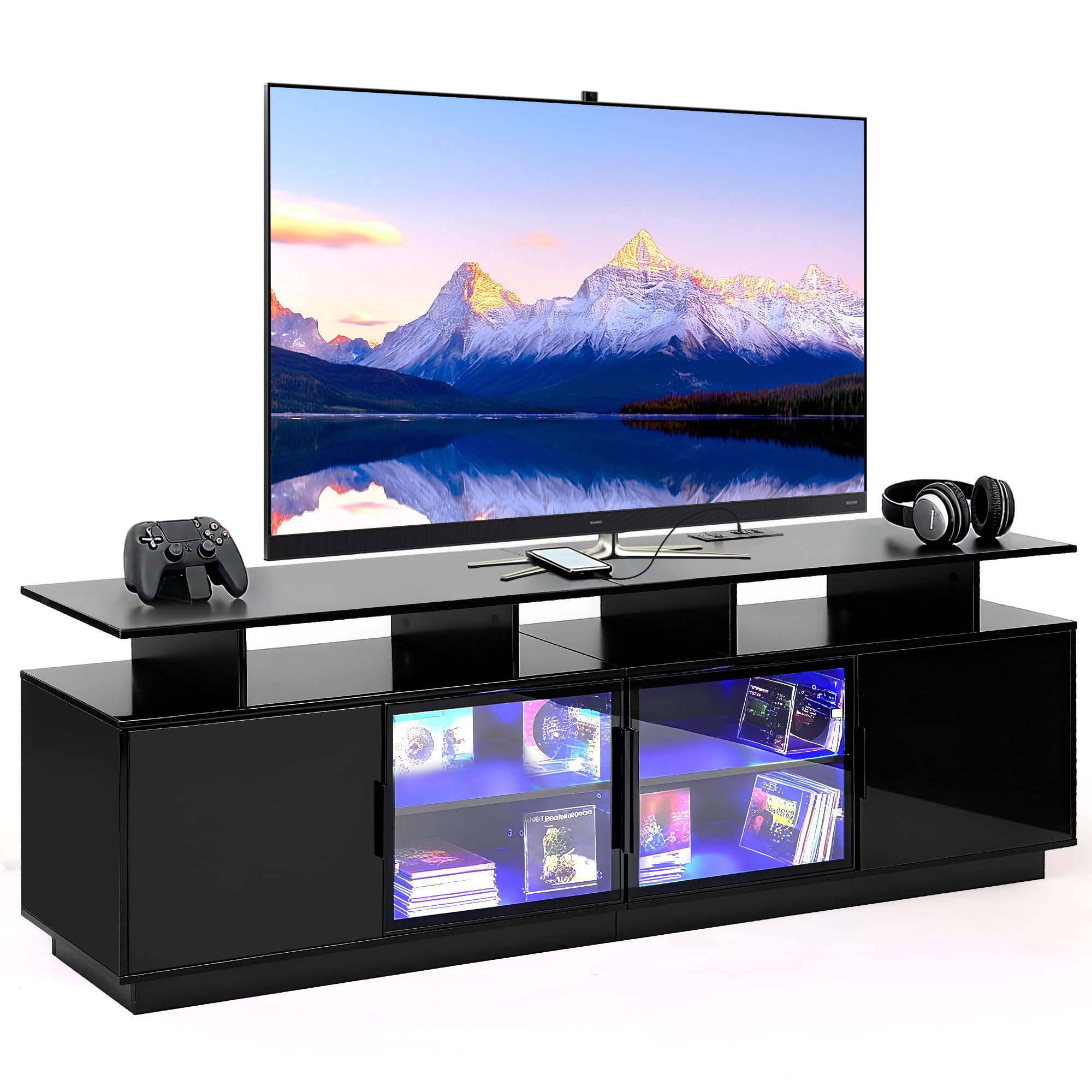 70 Inch TV Stand with LED Lights and Charging Station