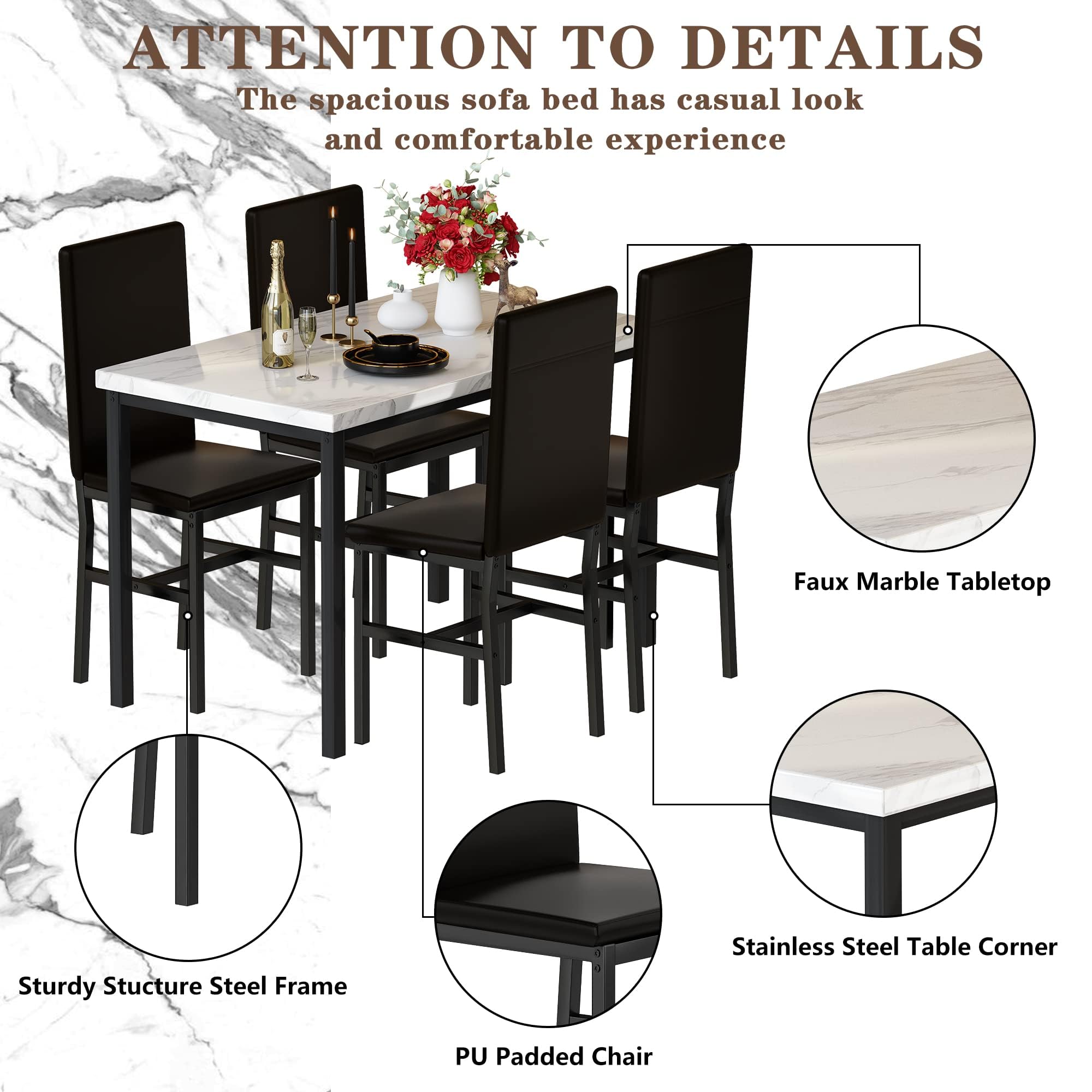 5-Piece Faux Marble Dining Table Set with 4 Chairs