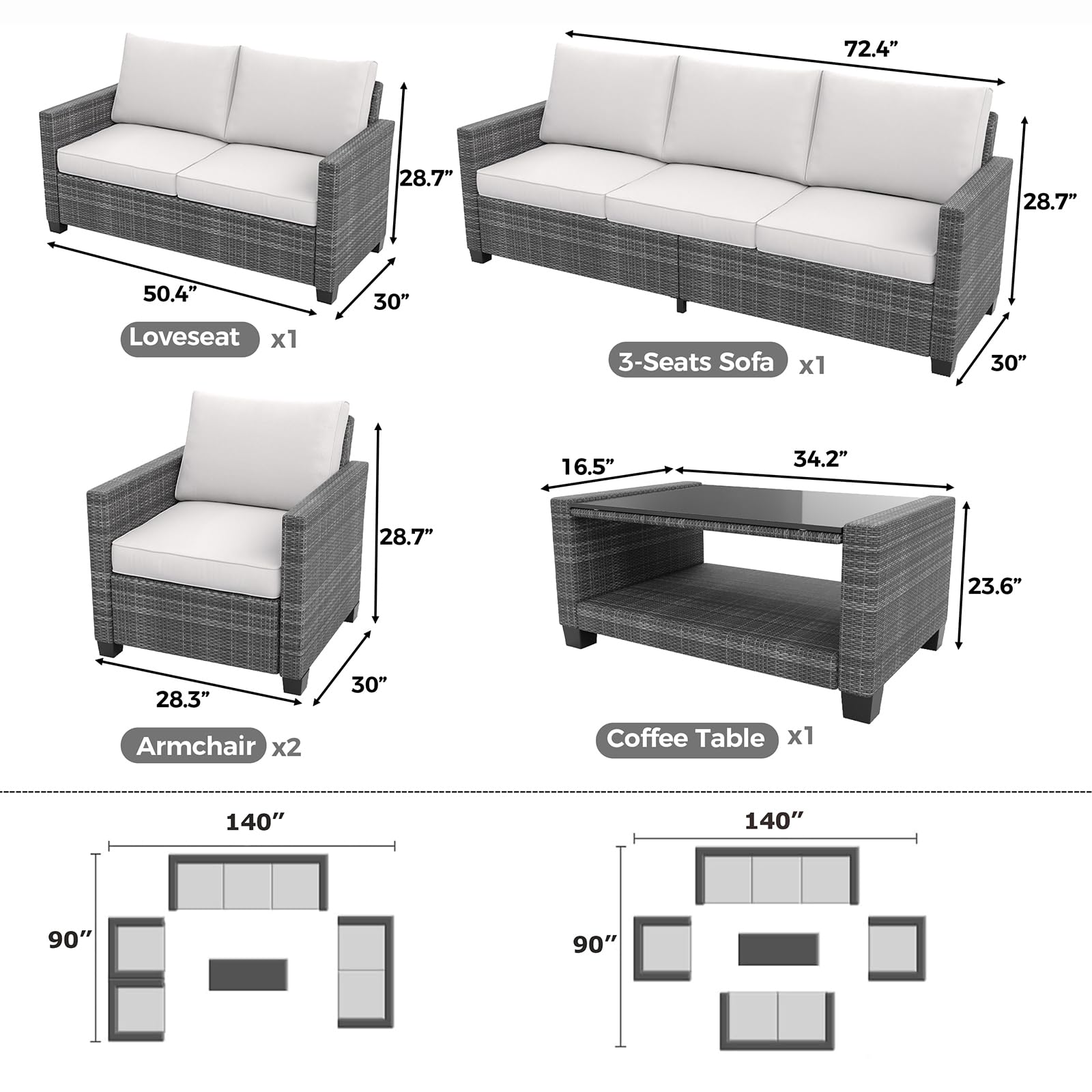 7-Seat PE Rattan Wicker Outdoor Sectional Conversation Set with Coffee Table