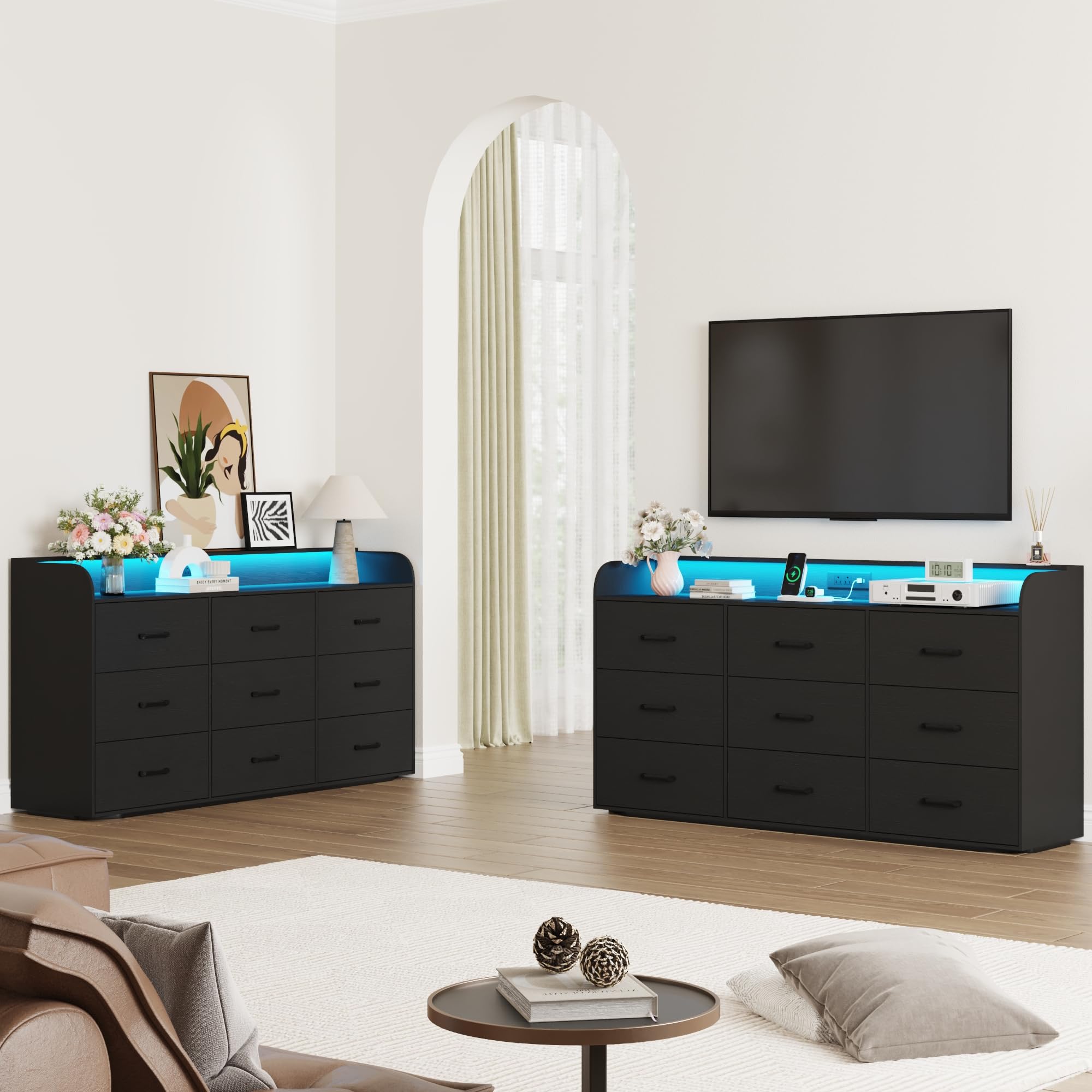 9-Drawer Dresser with Power Outlet and LED Lights