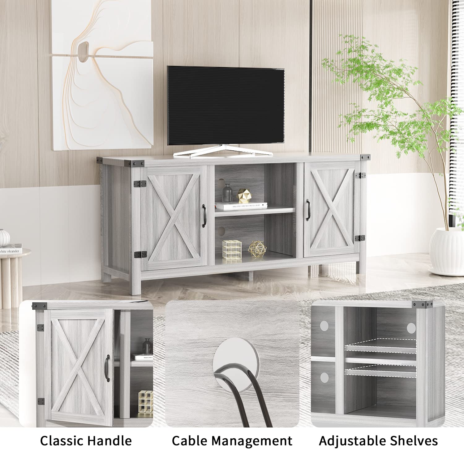 65 Inch TV Stand with Double Barn Doors and Storage Cabinets