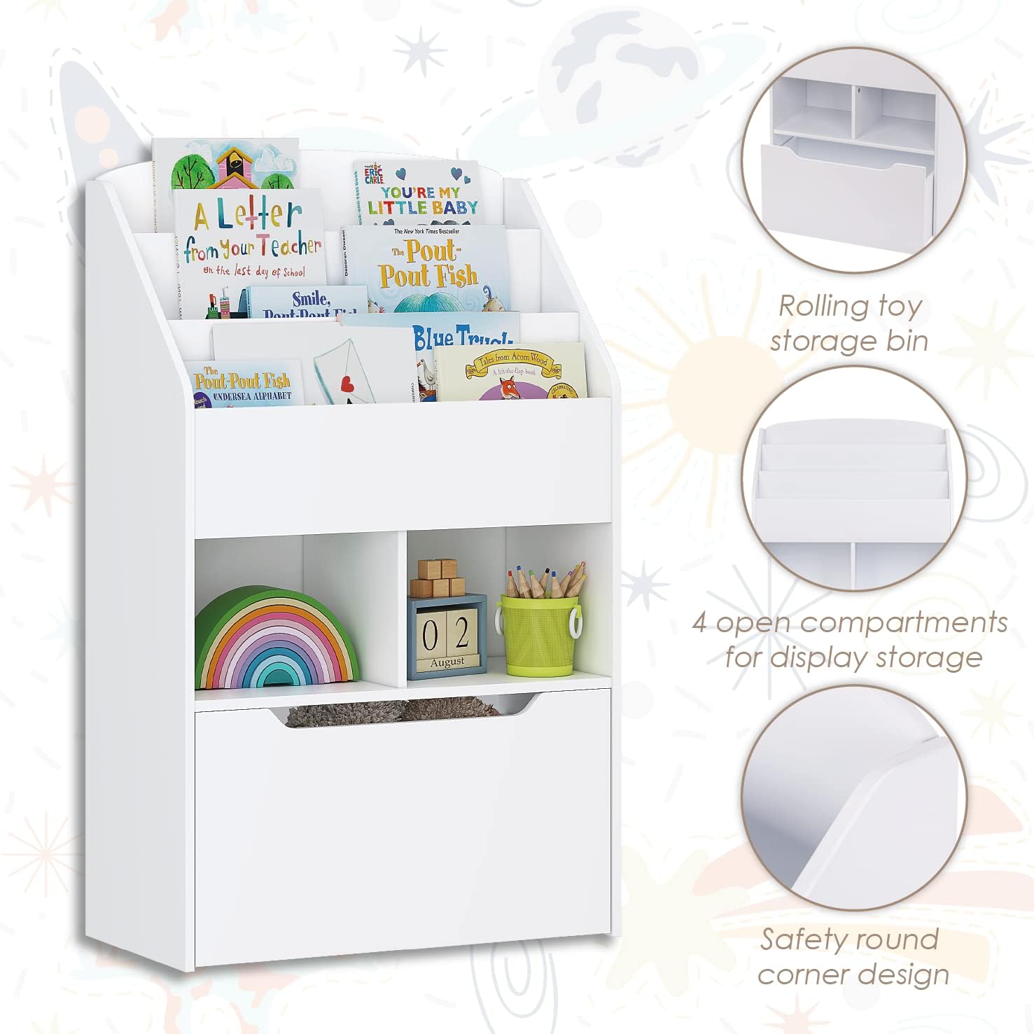 Kids Bookshelf with Movable Toy Box