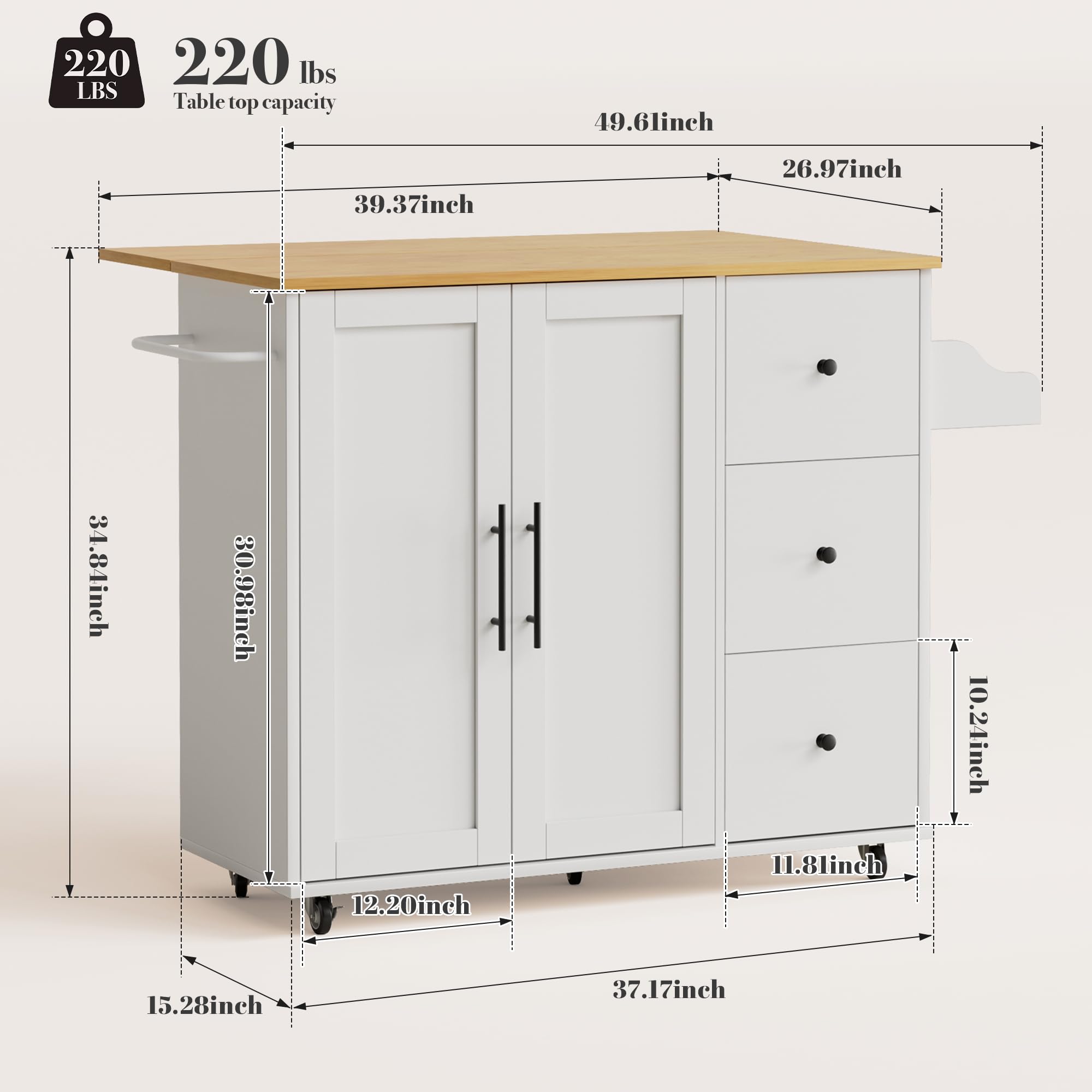 Kitchen Island on Wheels with Storage and Drop Leaf