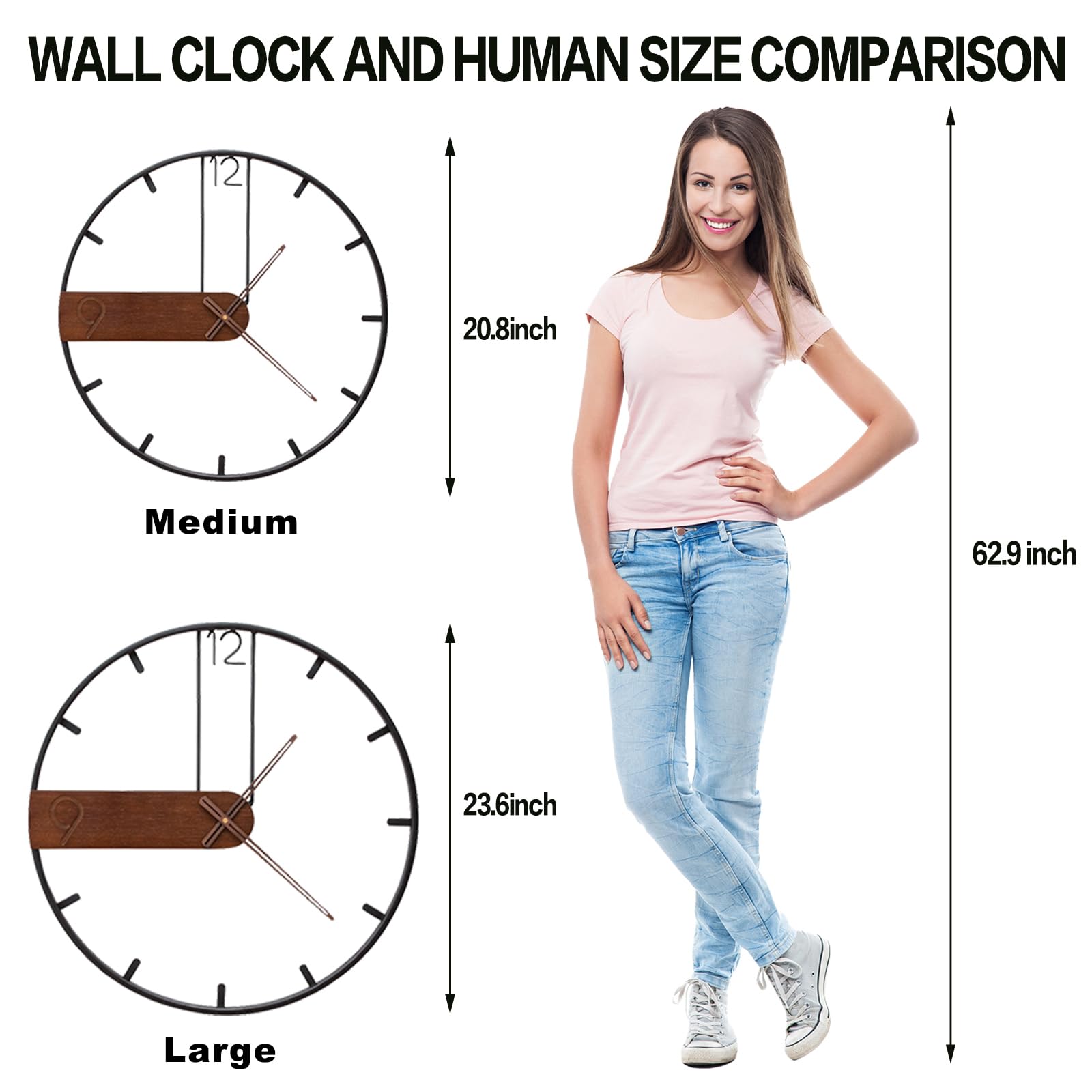 20.8" Silent Wall Clock Modern Walnut Dial Metal Frame