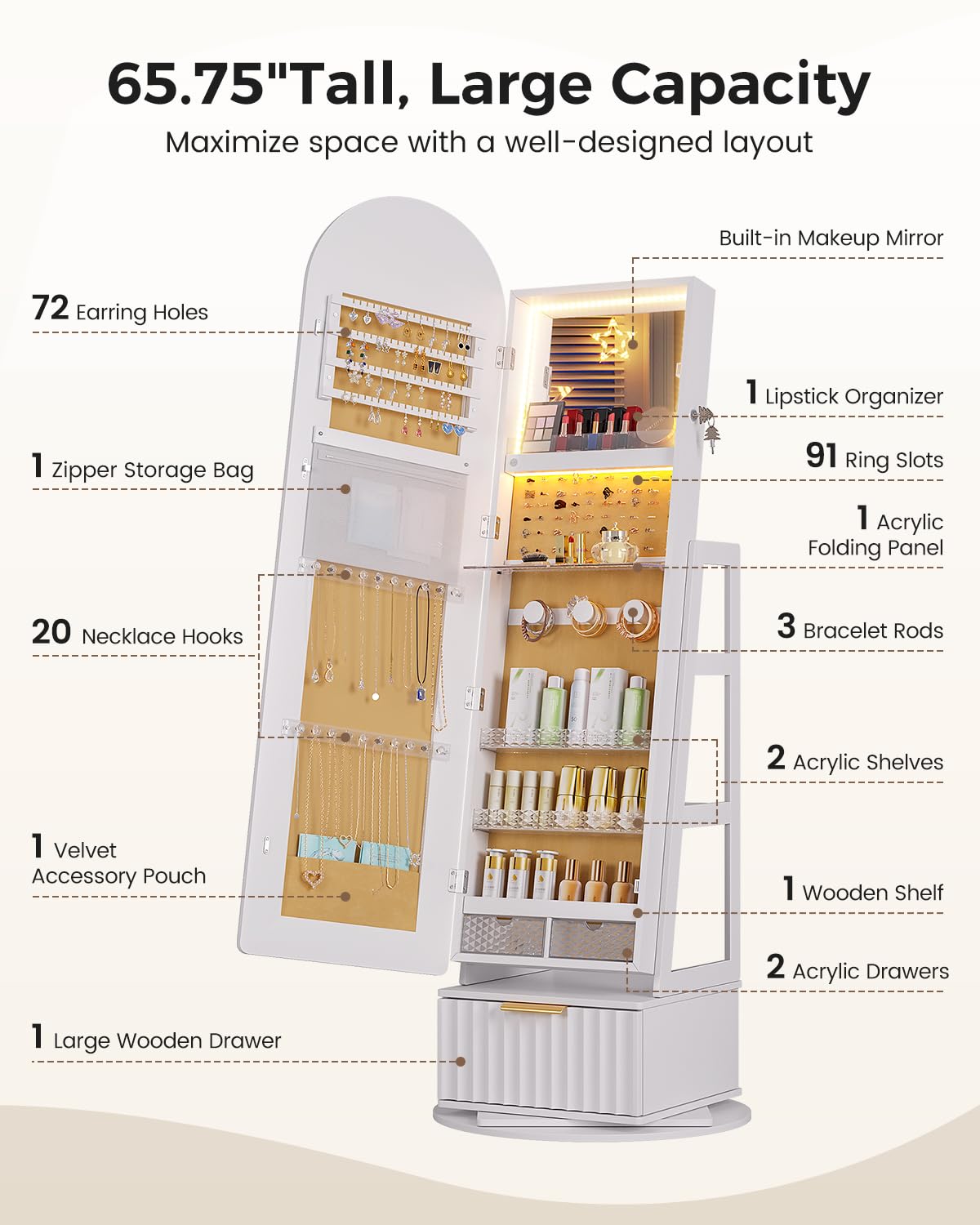 Arched Jewelry Cabinet with RGB Full-Length Mirror