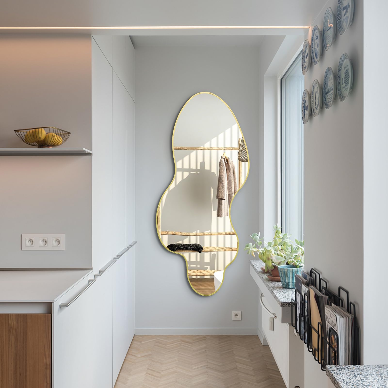 Irregular Asymmetrical Wall Mirror 55x26 with Gold Metal Frame