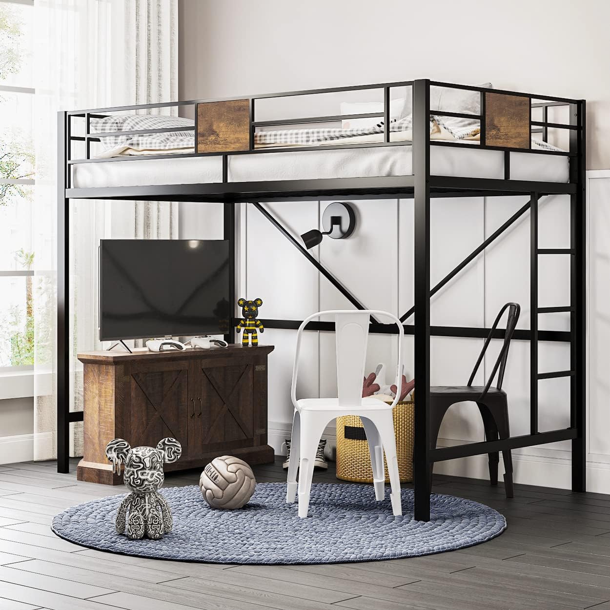Twin Loft Bed with Ladder and Guardrail