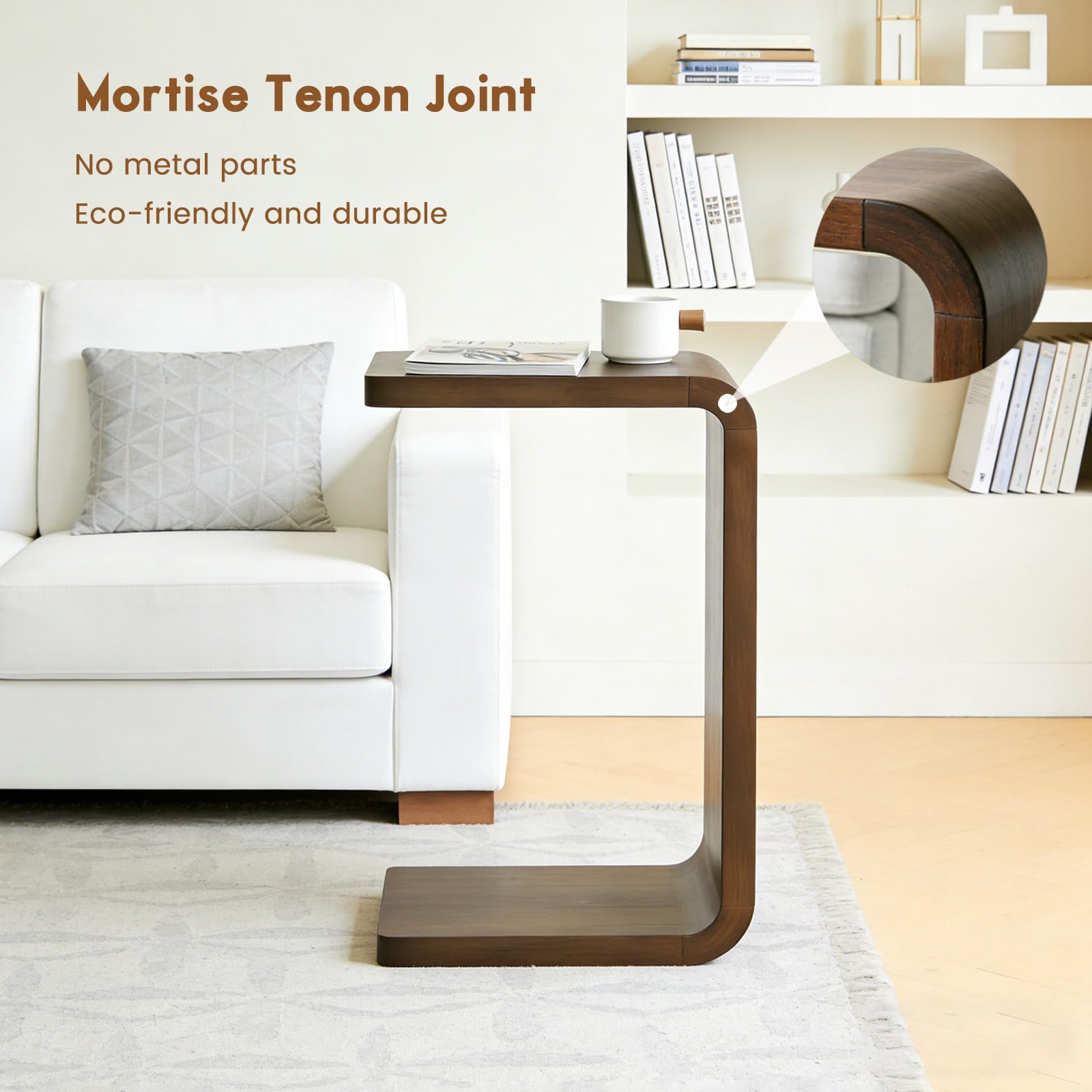 C-Shaped End Table Walnut Wood Sofa Side Table
