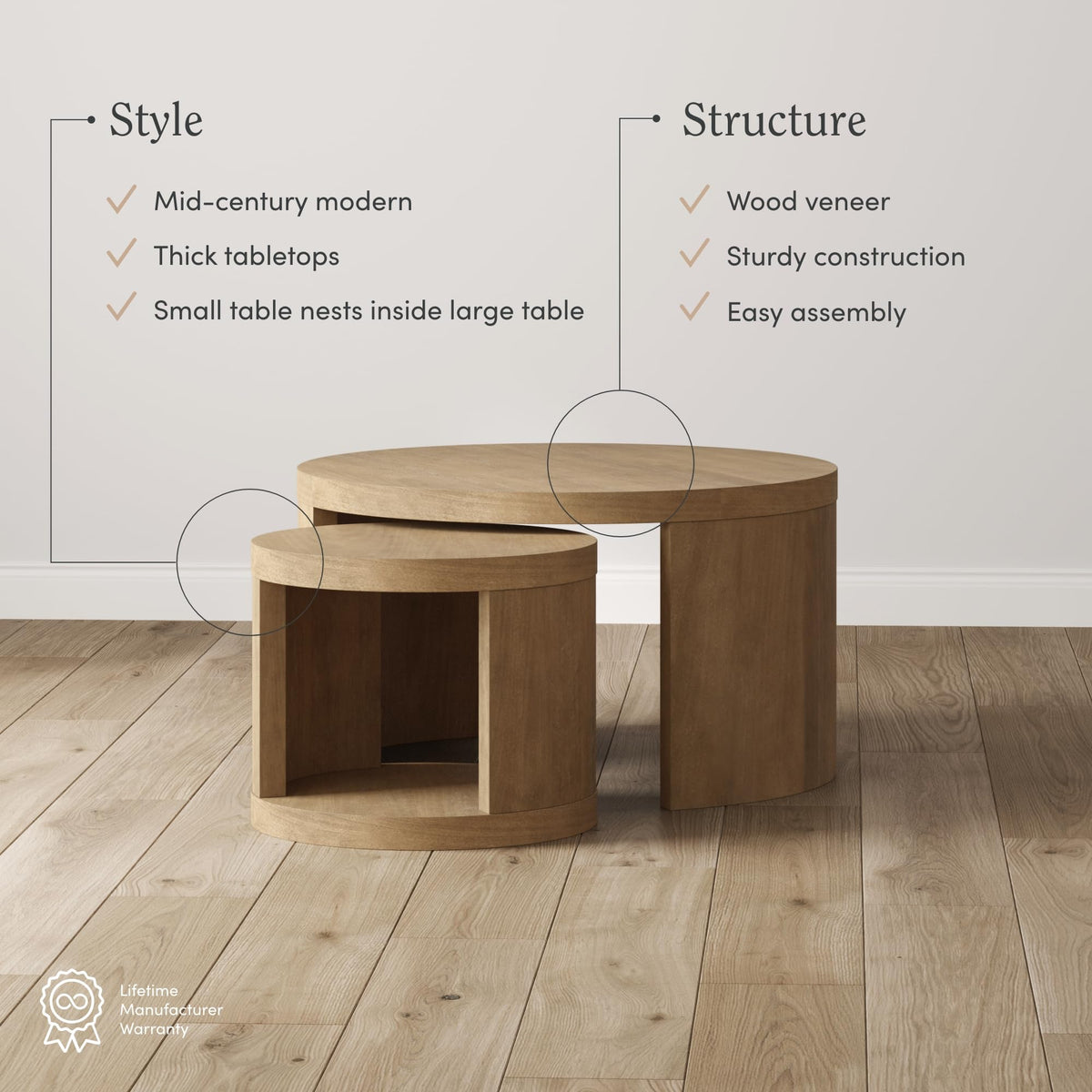 Mid Century Modern 2-Piece Nesting Coffee Table with Storage