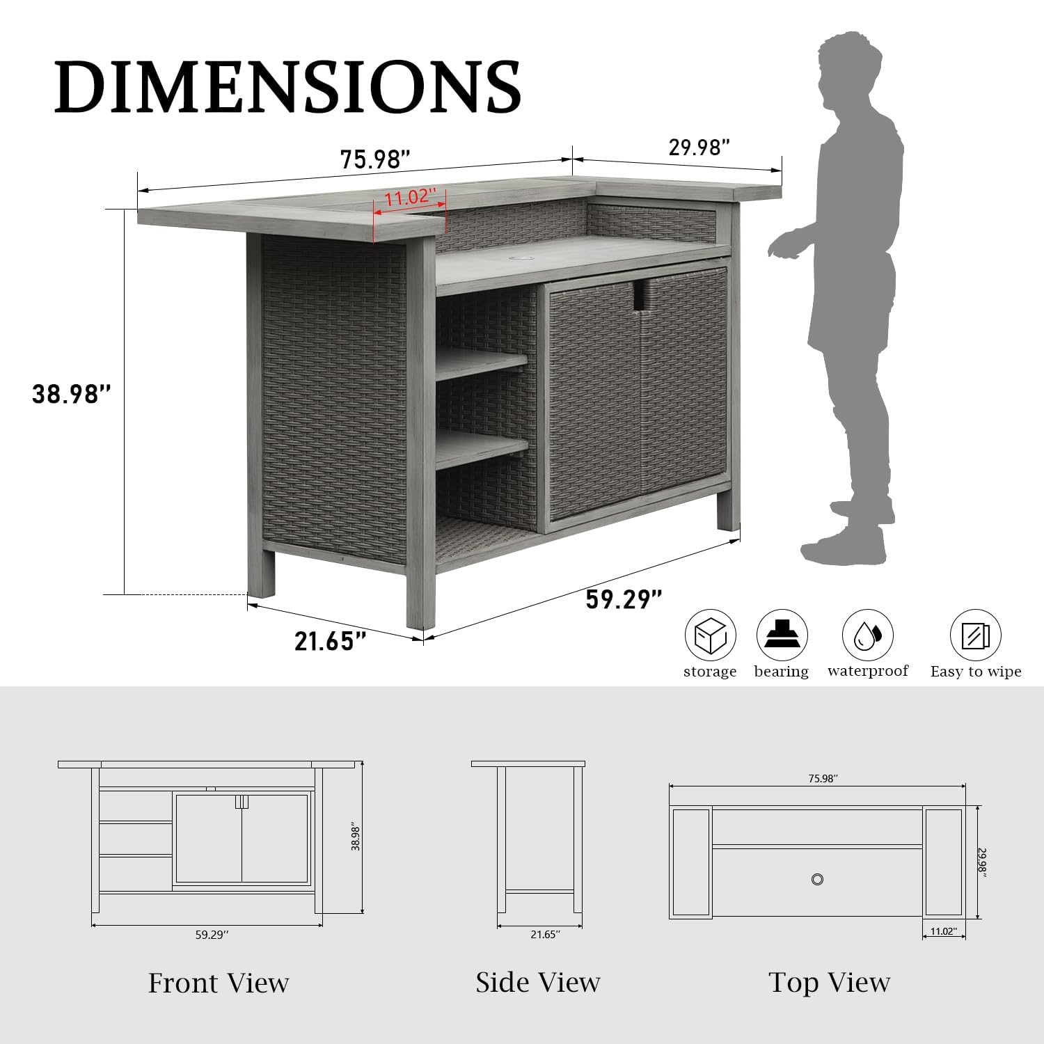 Outdoor Bar Unit with Storage - All-Weather Wicker Aluminum Frame