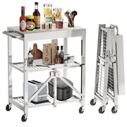 Stainless Steel Foldable Rolling Kitchen Cart with 3-Tier Shelves