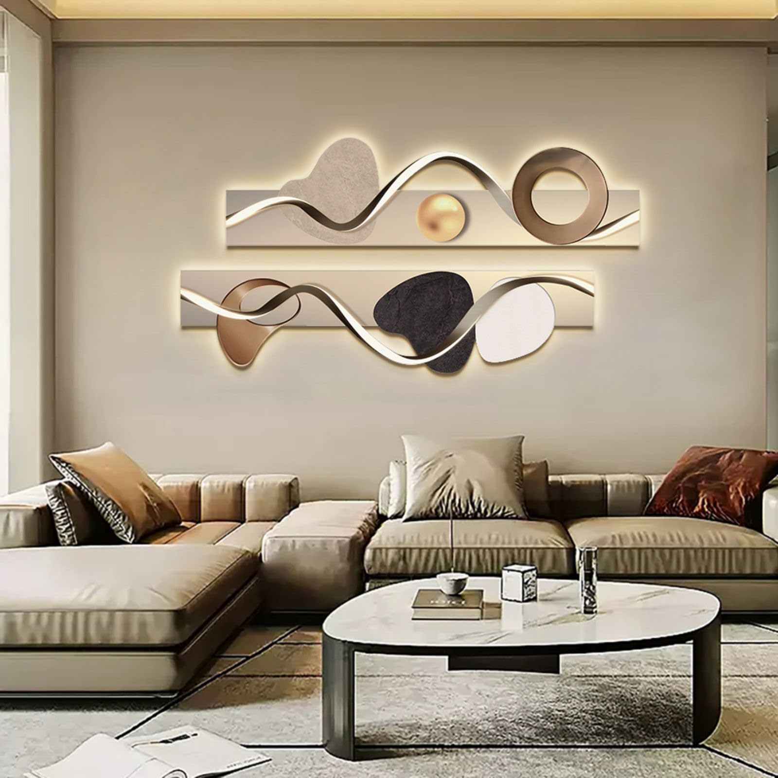 Modern Abstract Wall Art with LED Backlighting – Geometric Dual-Panel Wall Sculpture