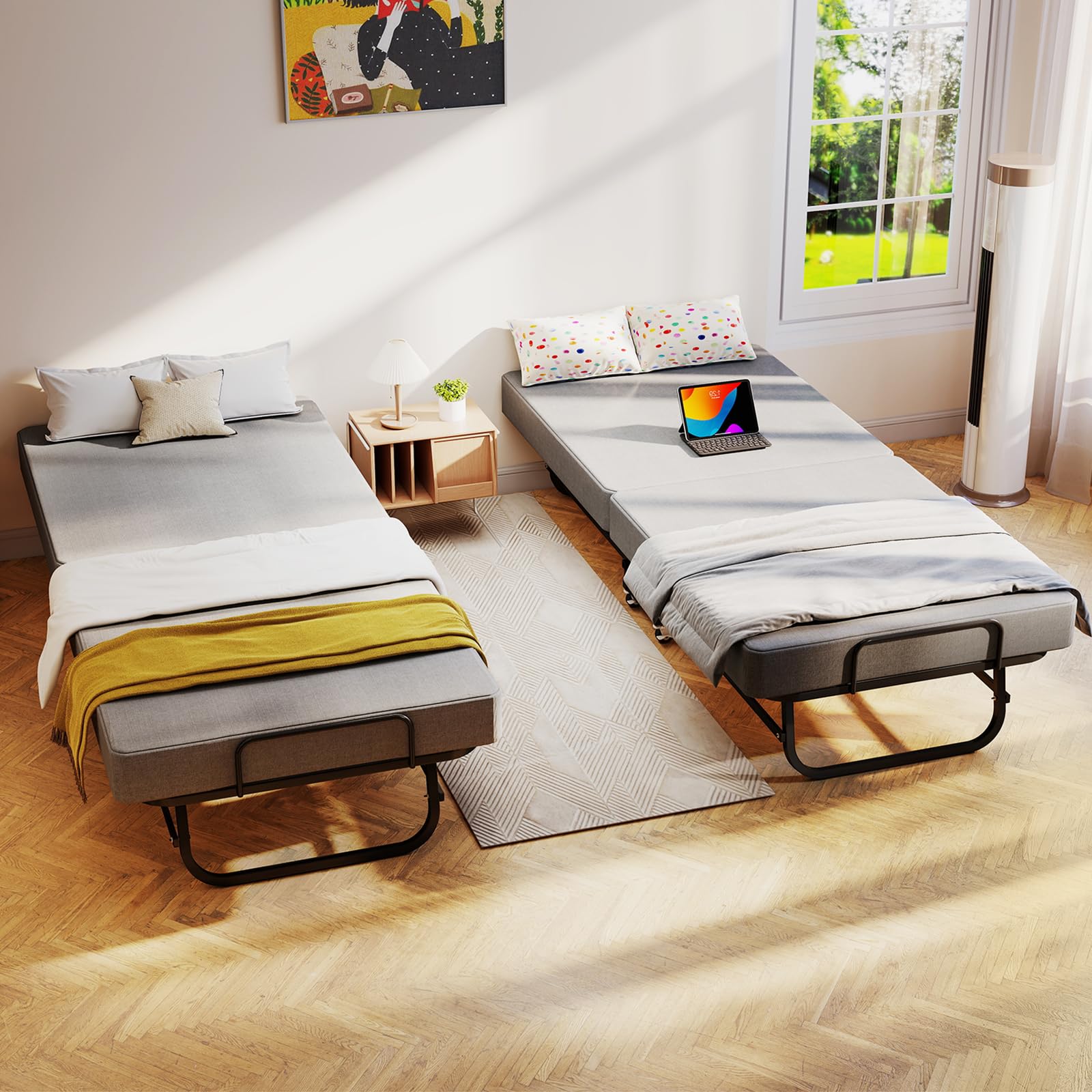 Folding Bed with Memory Foam Mattress and Wheels