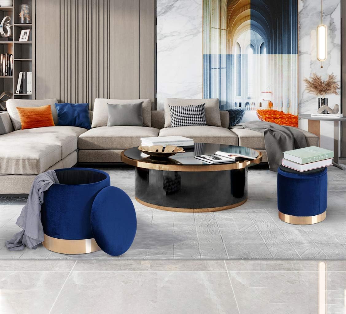 Round Velvet Nesting Storage Ottomans Set of 2 with Gold Metal Accent