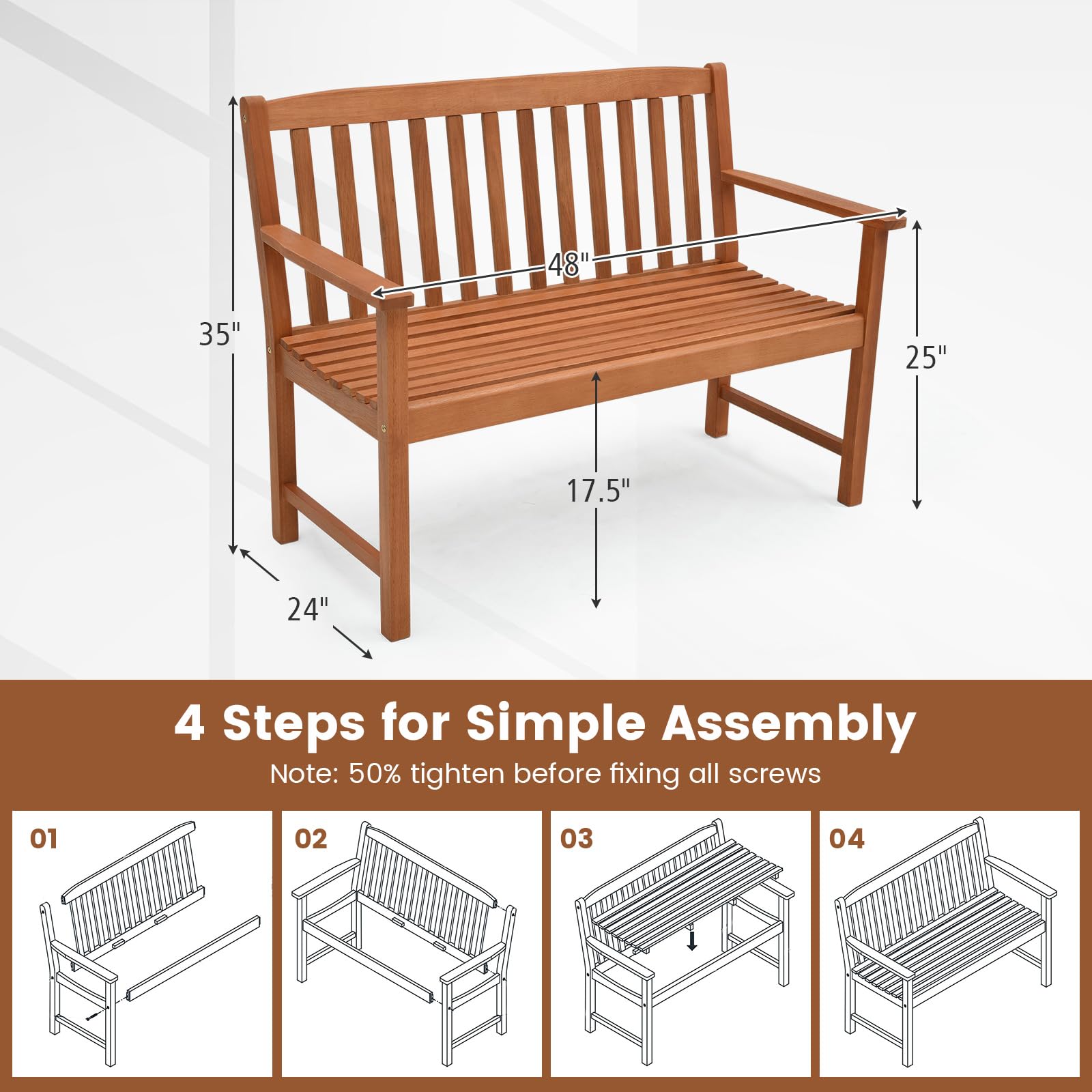 2-Person Eucalyptus Wood Garden Bench