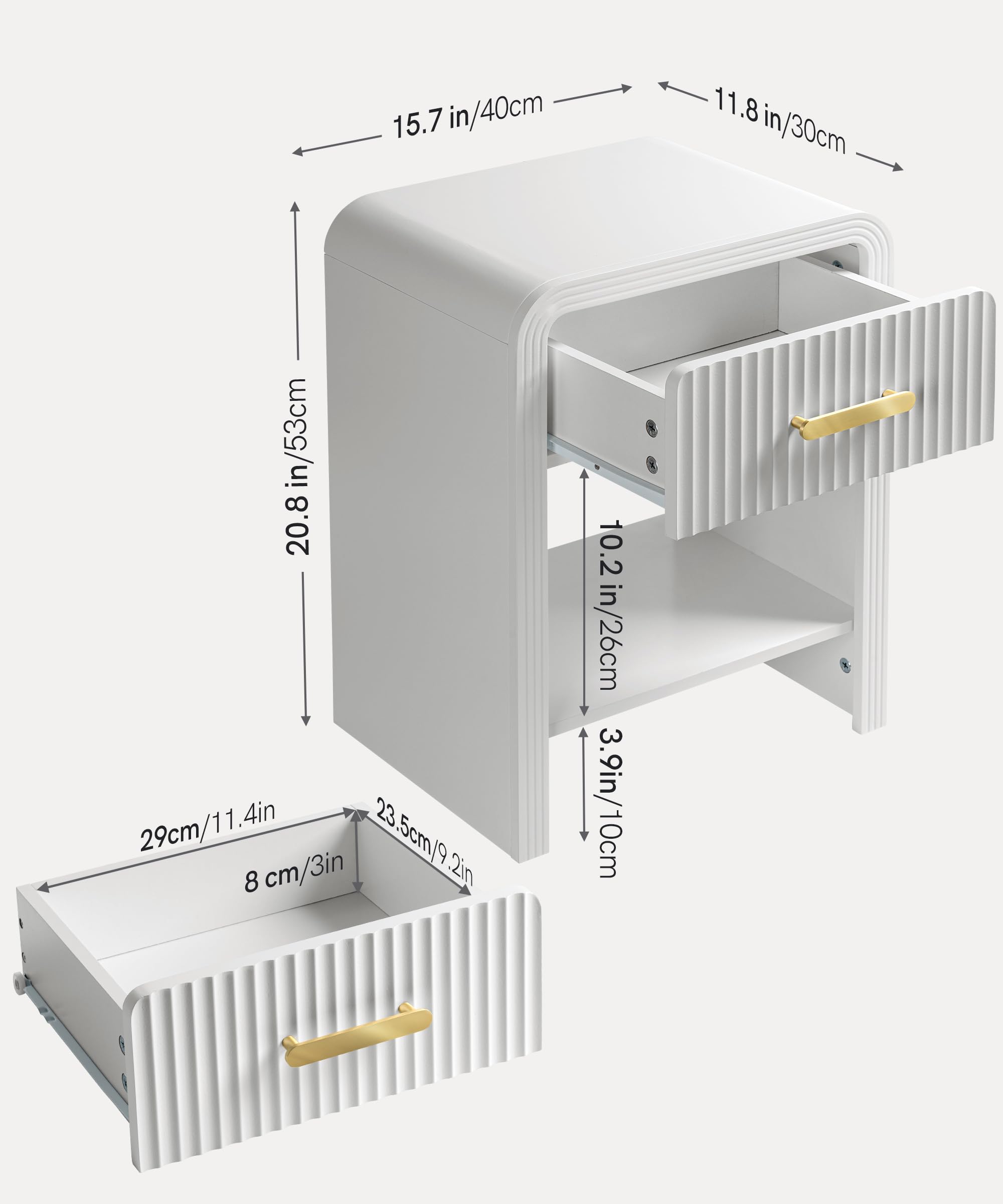 White and Gold Fluted Nightstand Mid Century Modern