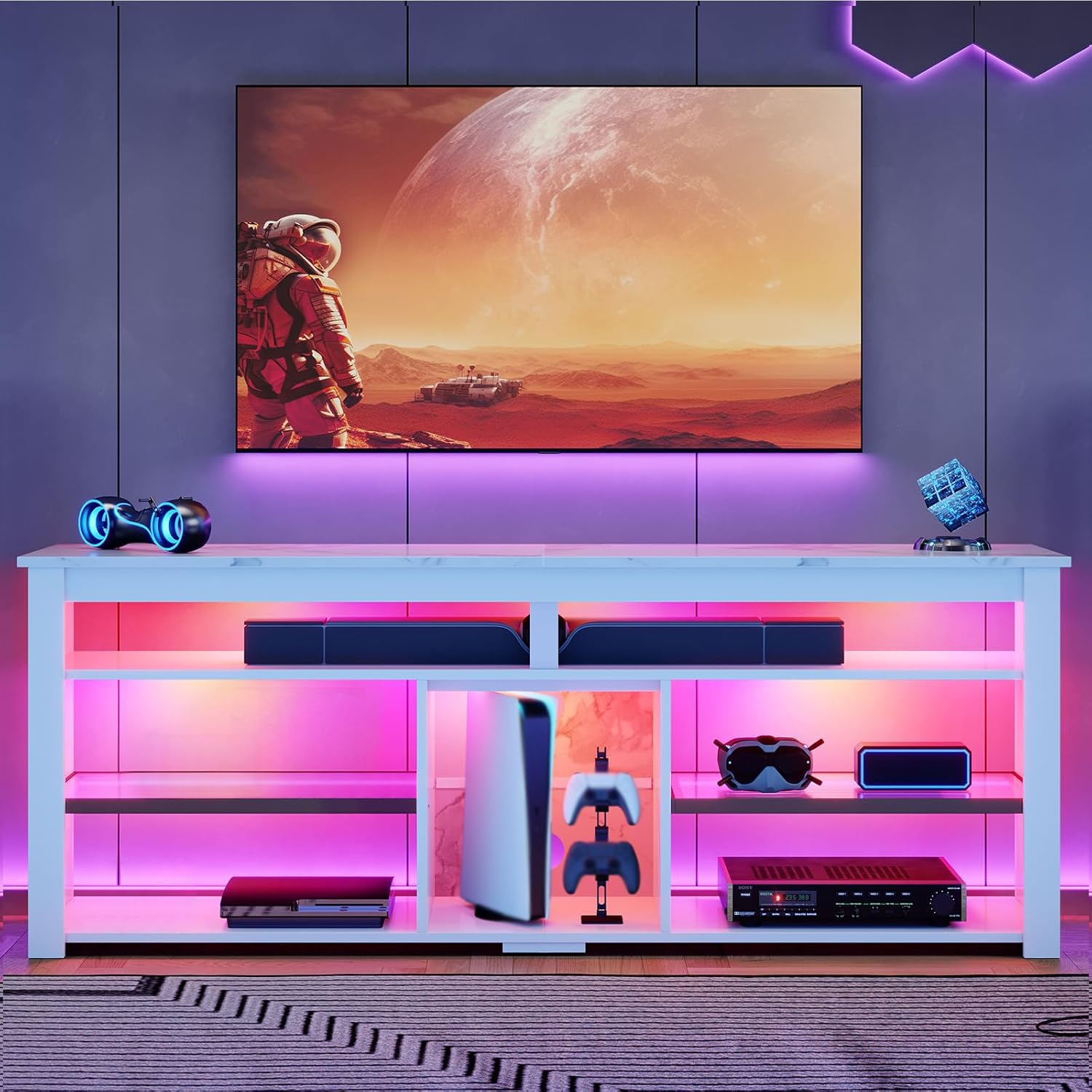 TV Stand for 70 Inch TV with LED Lights and Storage
