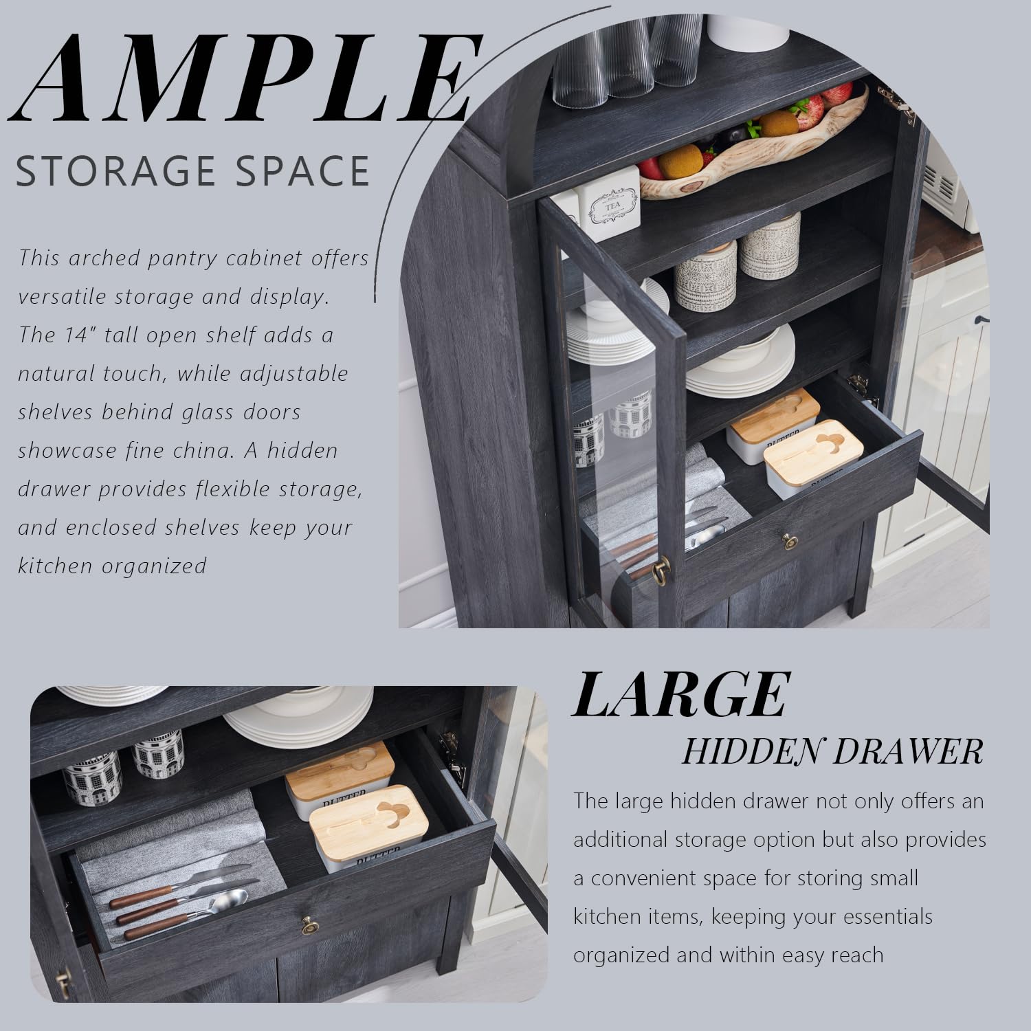 Arched Kitchen Pantry Cabinet with Glass Doors