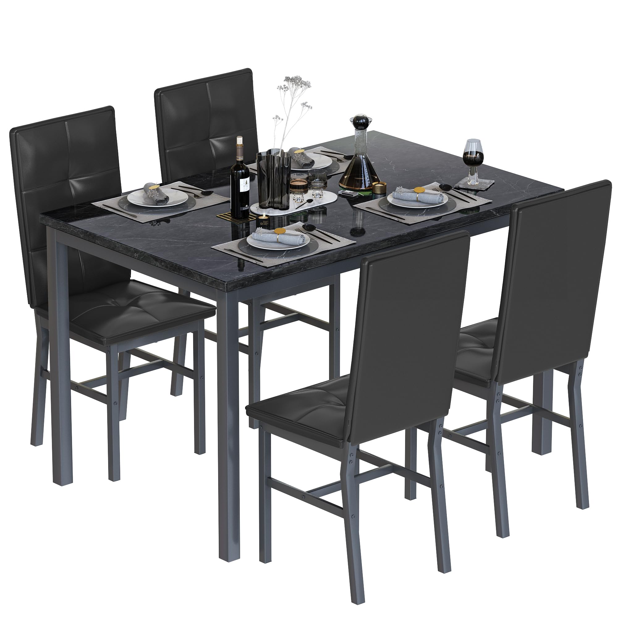 5-Piece Faux Marble Dining Table Set with 4 Chairs