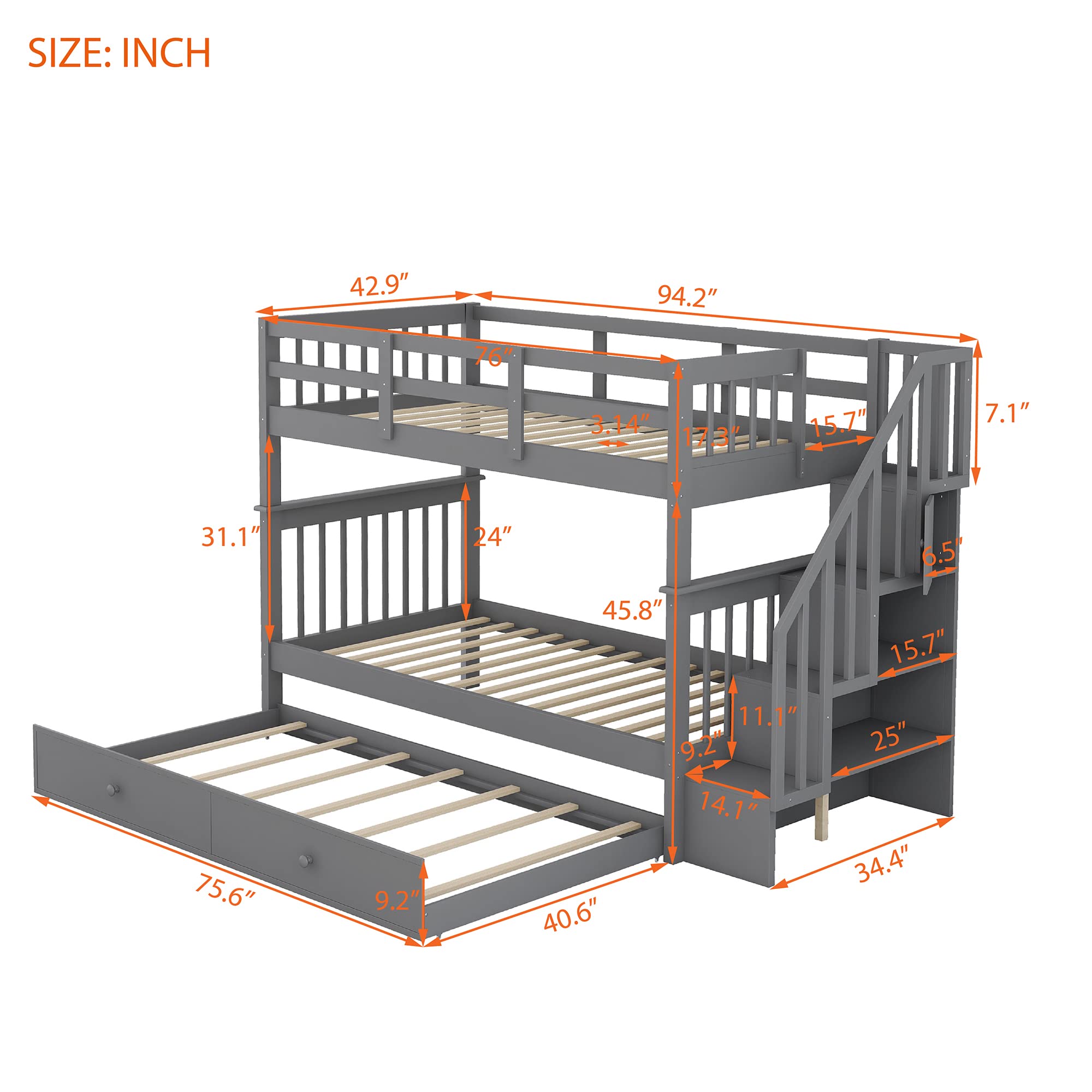 Twin Over Twin Bunk Bed with Trundle and Stairs