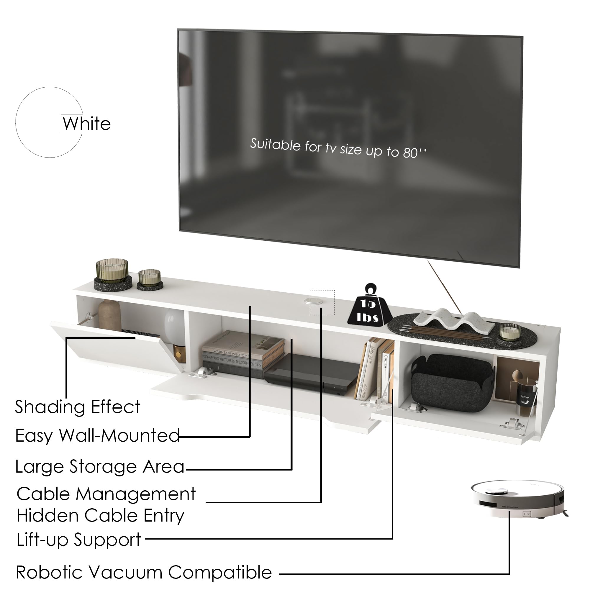 Floating TV Stand for 80 Inch TVs with Hidden Storage