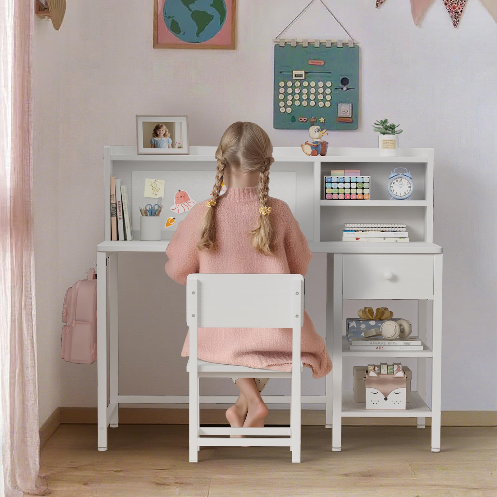 Kids Desk and Chair Set with Hutch and Storage