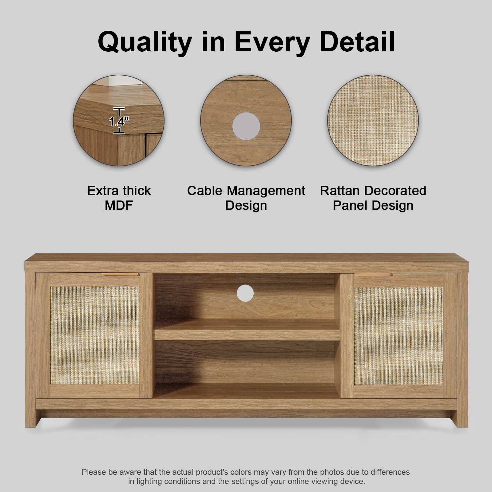 TV Stand with Rattan Doors for 50-65 Inch TVs