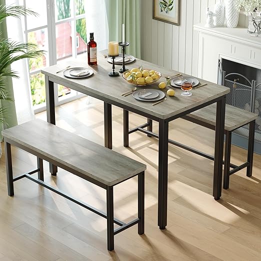 3-Piece Dining Table Set with 2 Benches