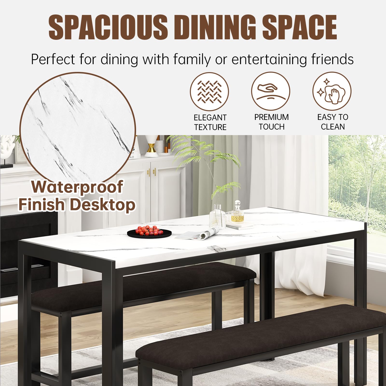 DKLGG Dining Table Set for 4, Kitchen Table with 2 PU Leather Upholstered Bench, Faux Marble Dining Room Table with Bench for Small Space