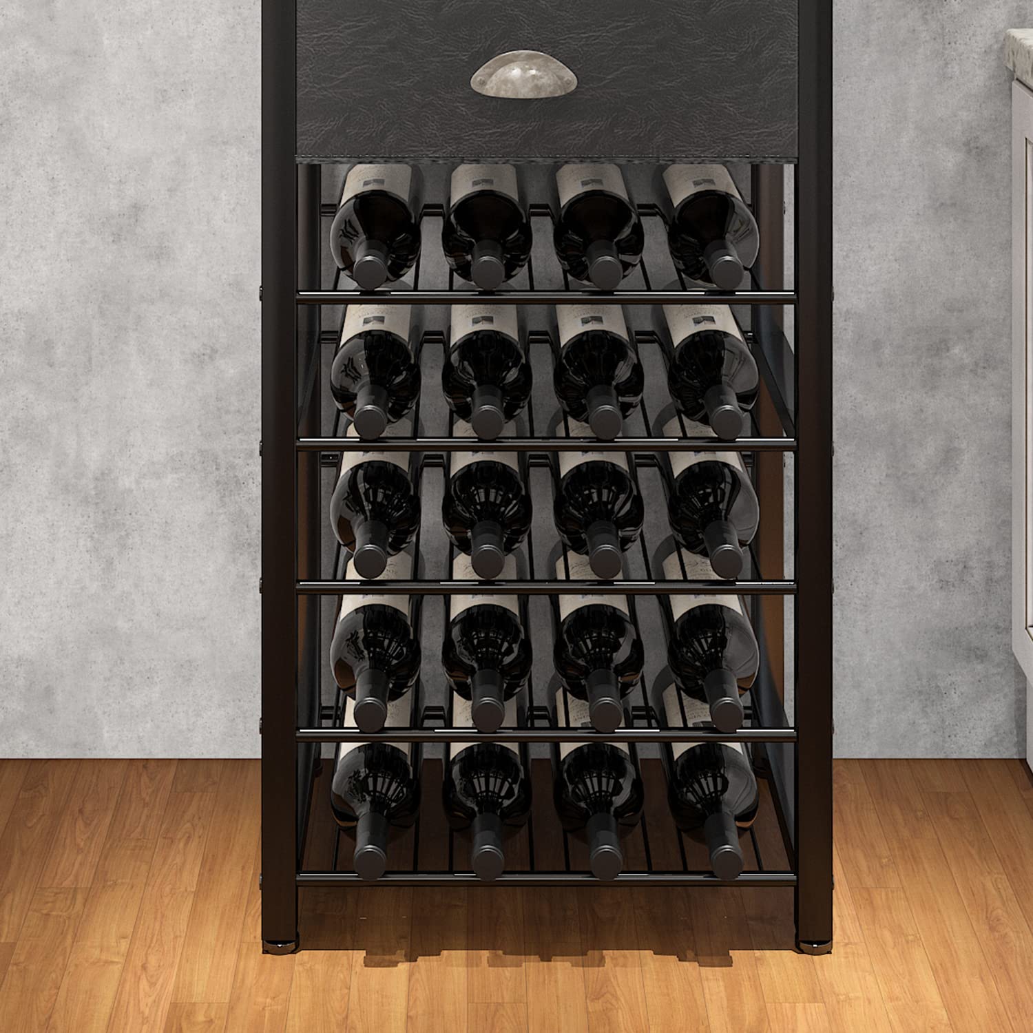 4-Tier Wine Rack Floor Cabinet with Glass Holder and Storage Drawer