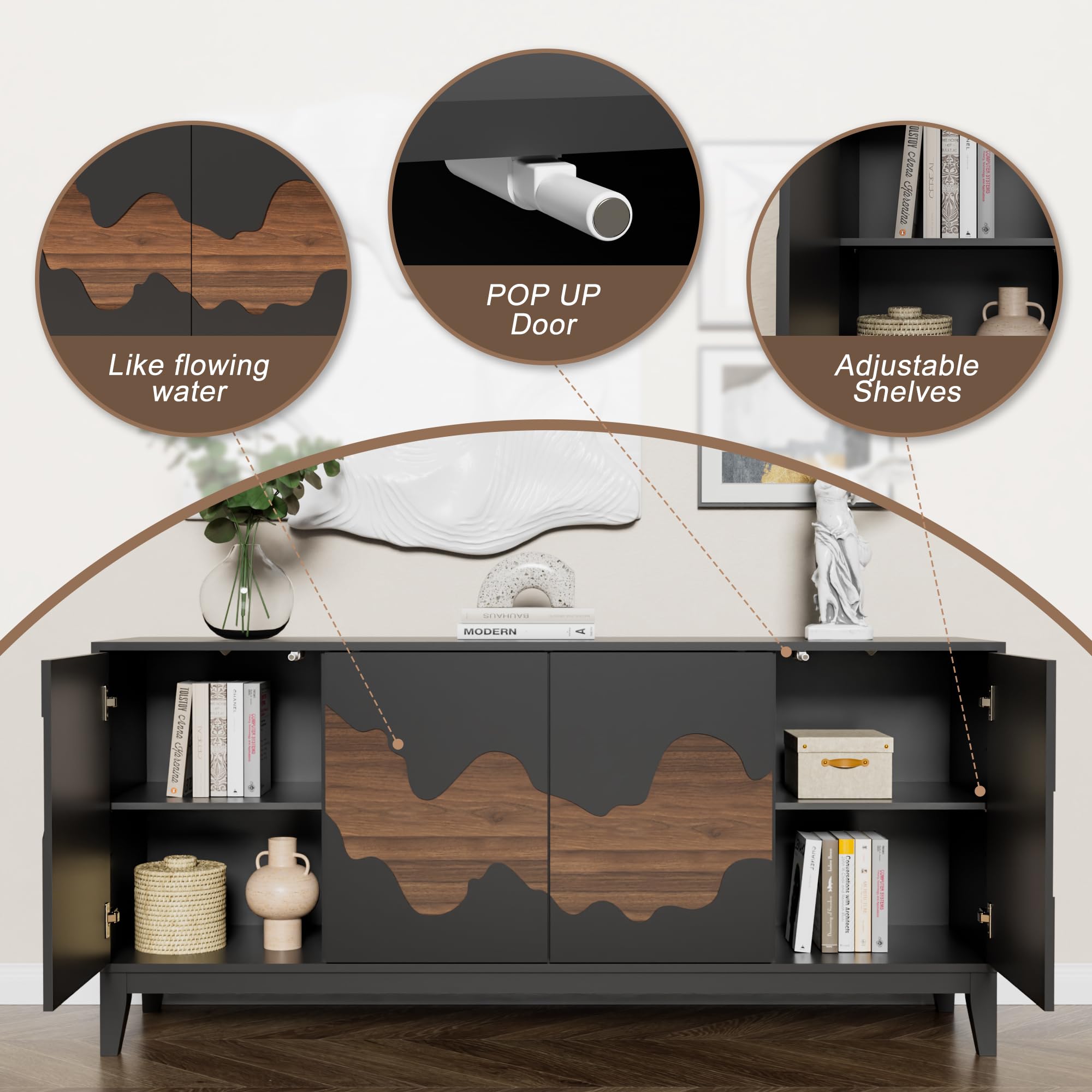 Modern 4-Door Sideboard Buffet Cabinet with Water Stream Pattern