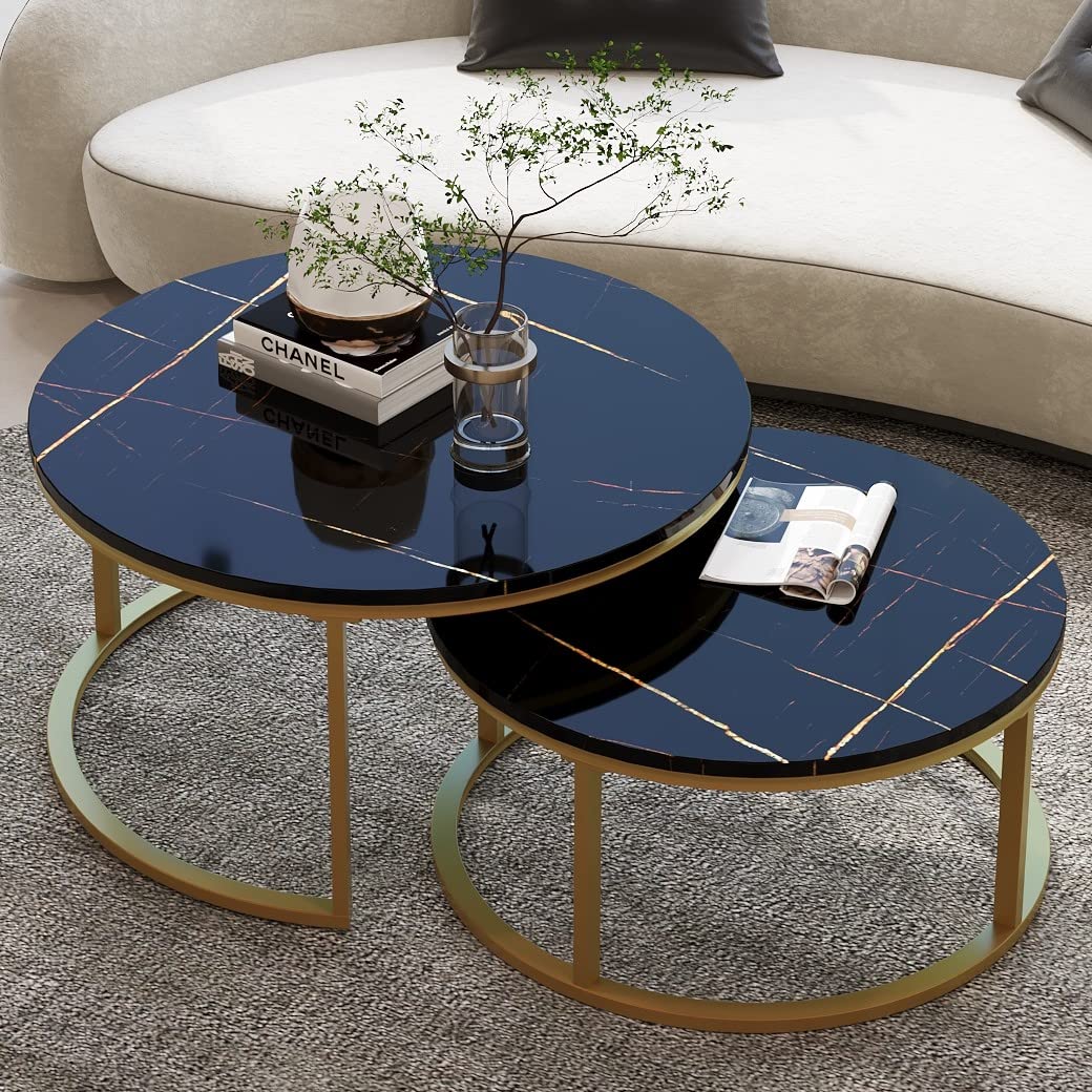 Round Nesting Coffee Tables Set of 2 - Gold Frame with Black Marble Top