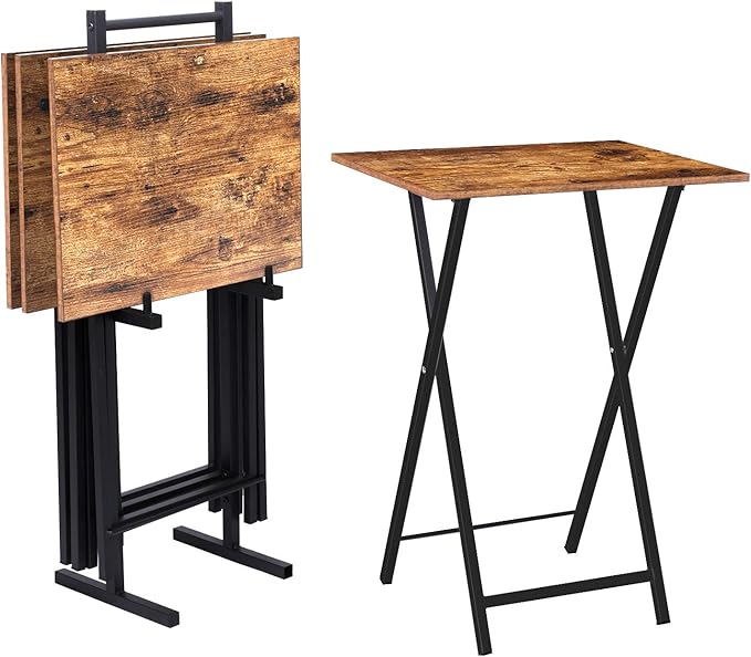 Folding TV Tray Tables Set of 4 with Storage Rack