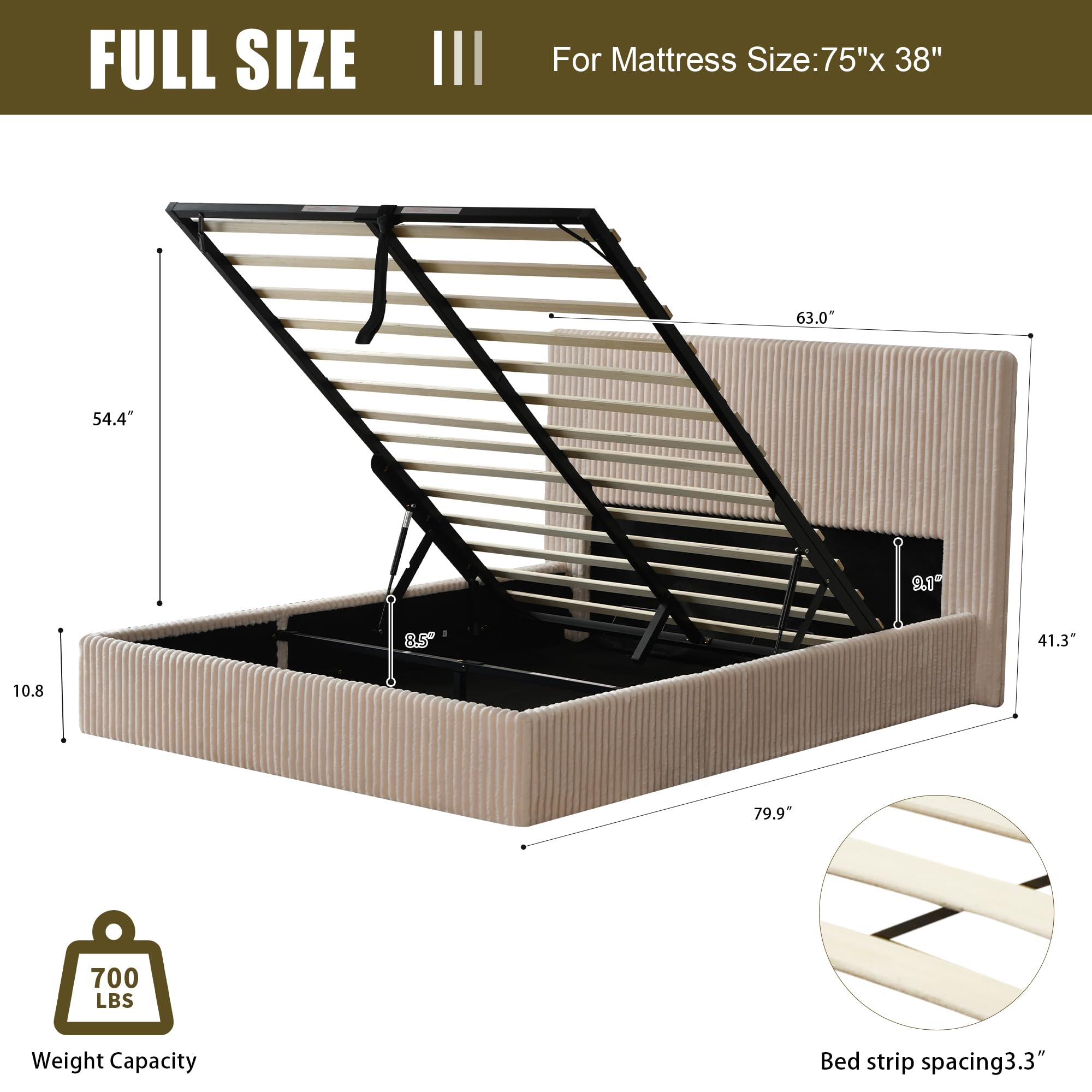 YUHUASHI Full Size Storage Bed Frame, Vertical Striped headboard with Delicate Velvet Fabric, Hydraulic Lift for Storage, no Box Spring Needed, no Noise (Beige, Full)