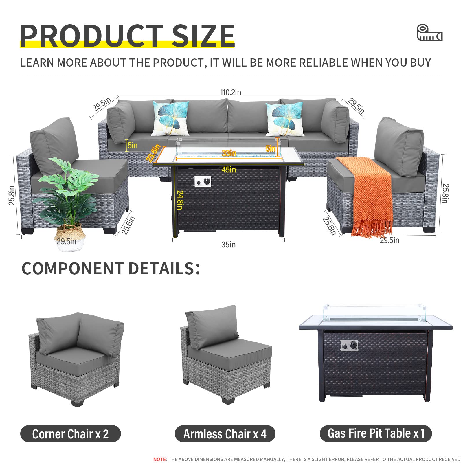 7-Piece Wicker Patio Sectional with Fire Pit
