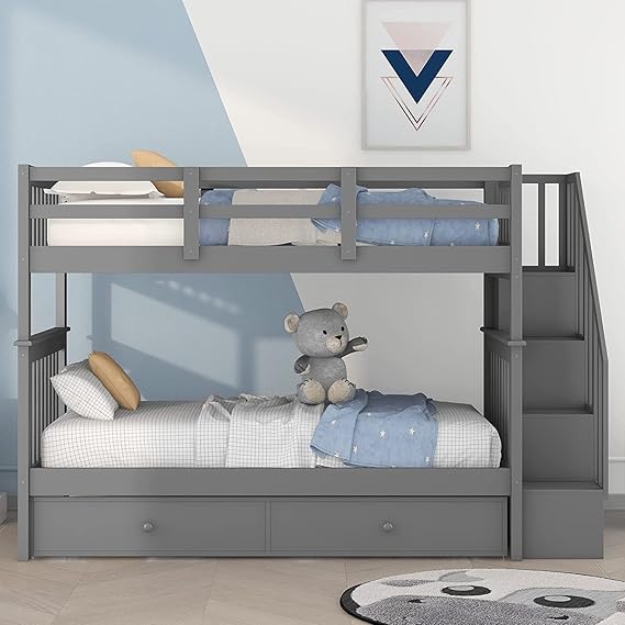 Twin Over Twin Bunk Bed with Trundle and Stairs