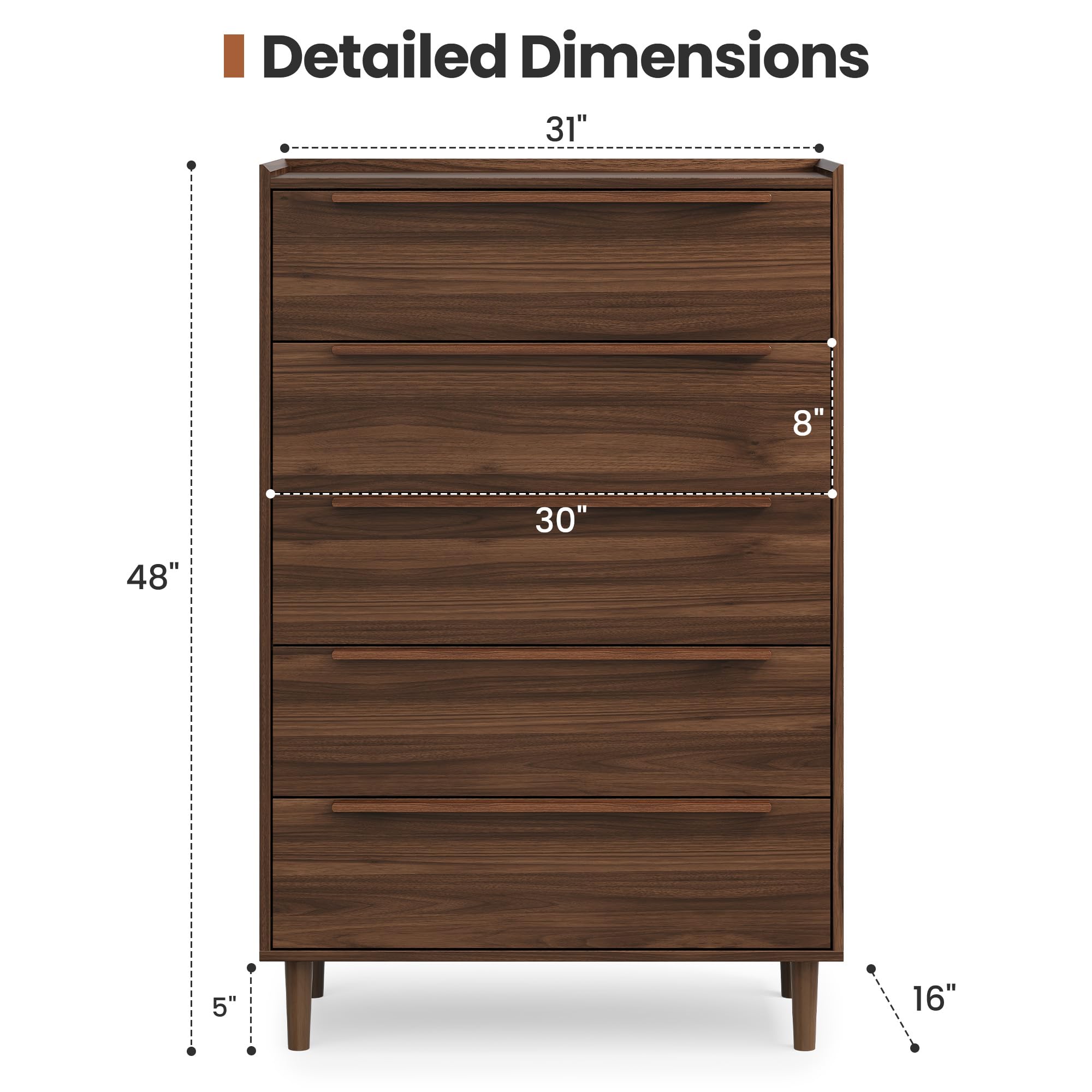 48" Tall Walnut Dresser Mid-Century Modern 5 Drawer Chest