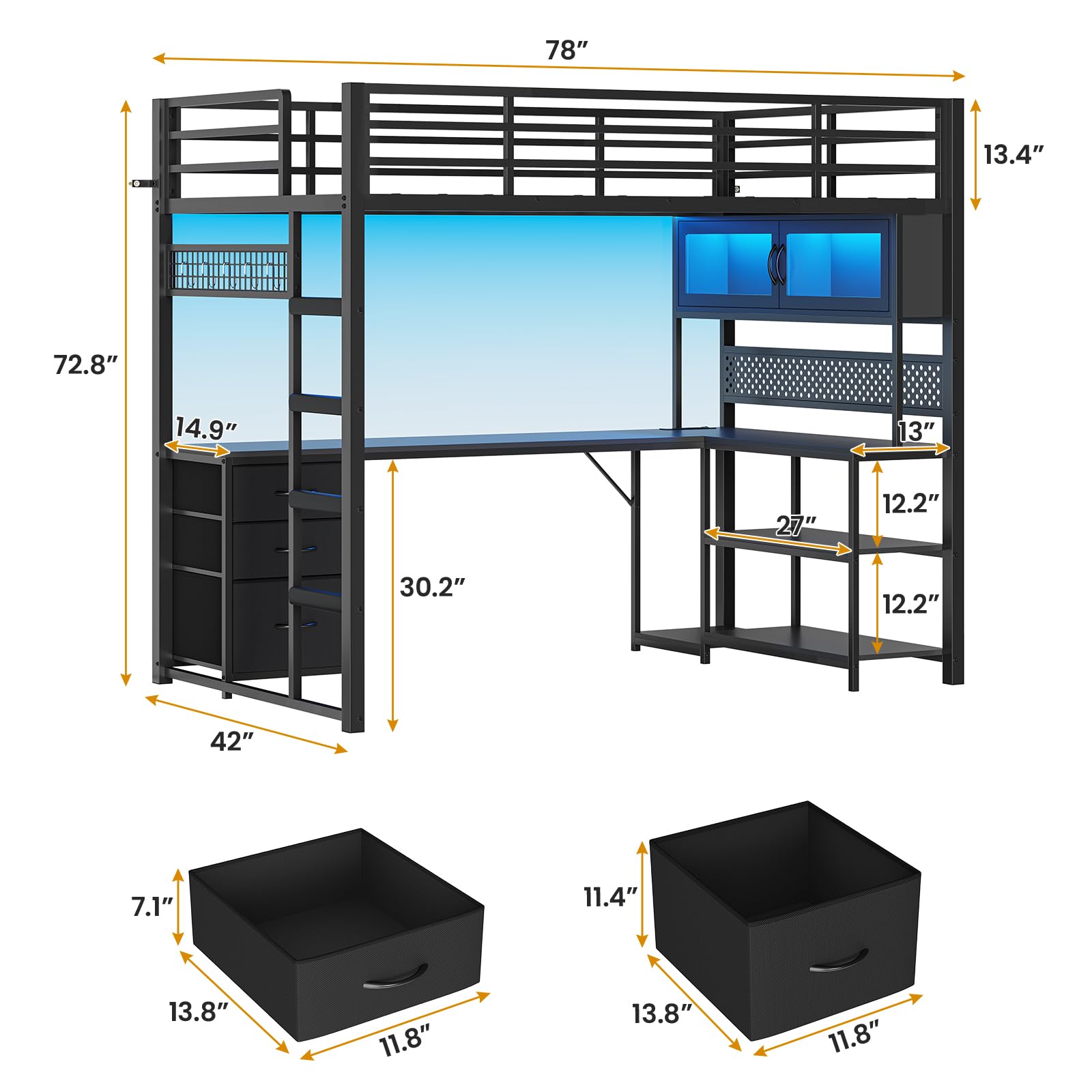 Twin Loft Bed with L-Shaped Gaming Desk and Storage