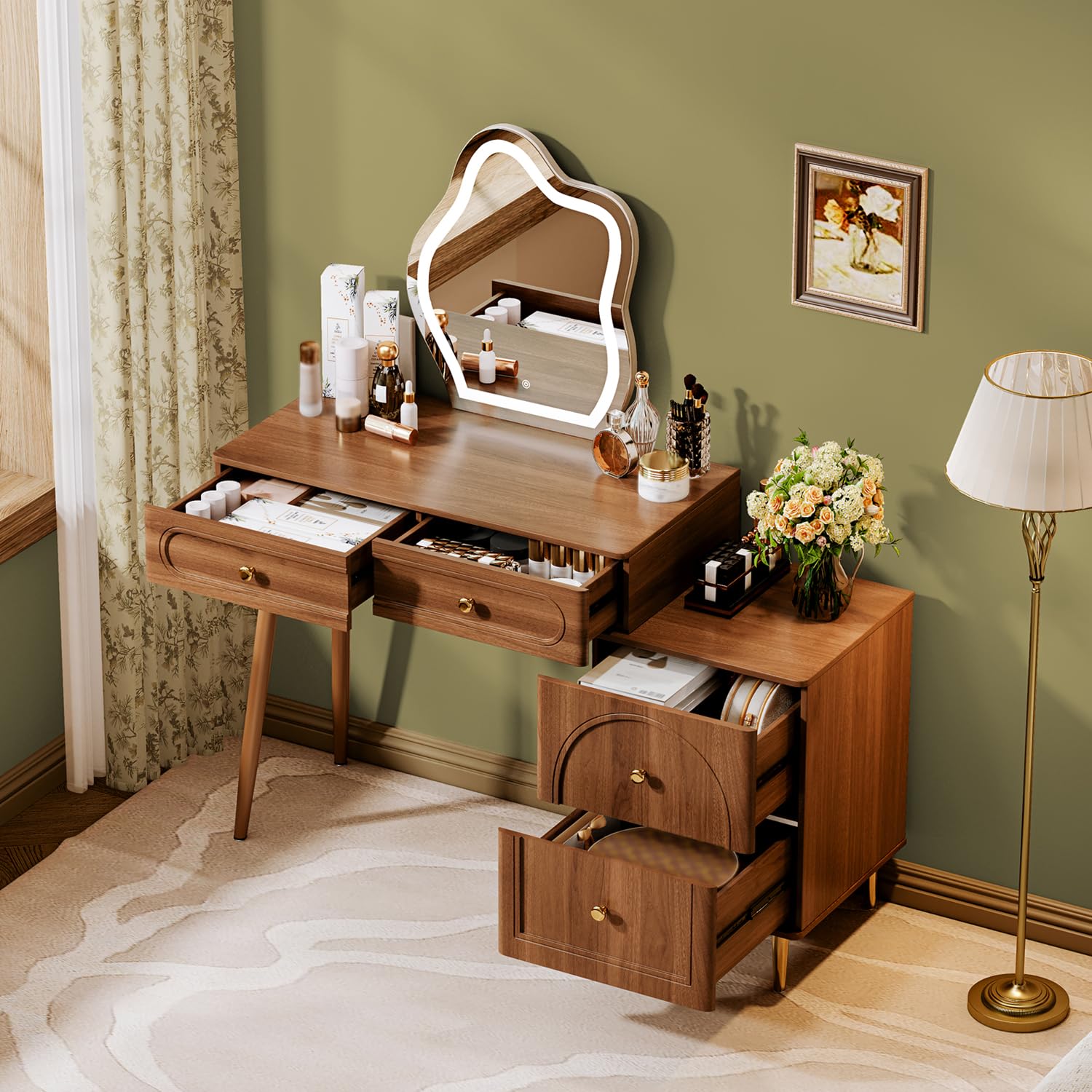 Corner Makeup Vanity Table with Lighted Mirror and 4 Drawers