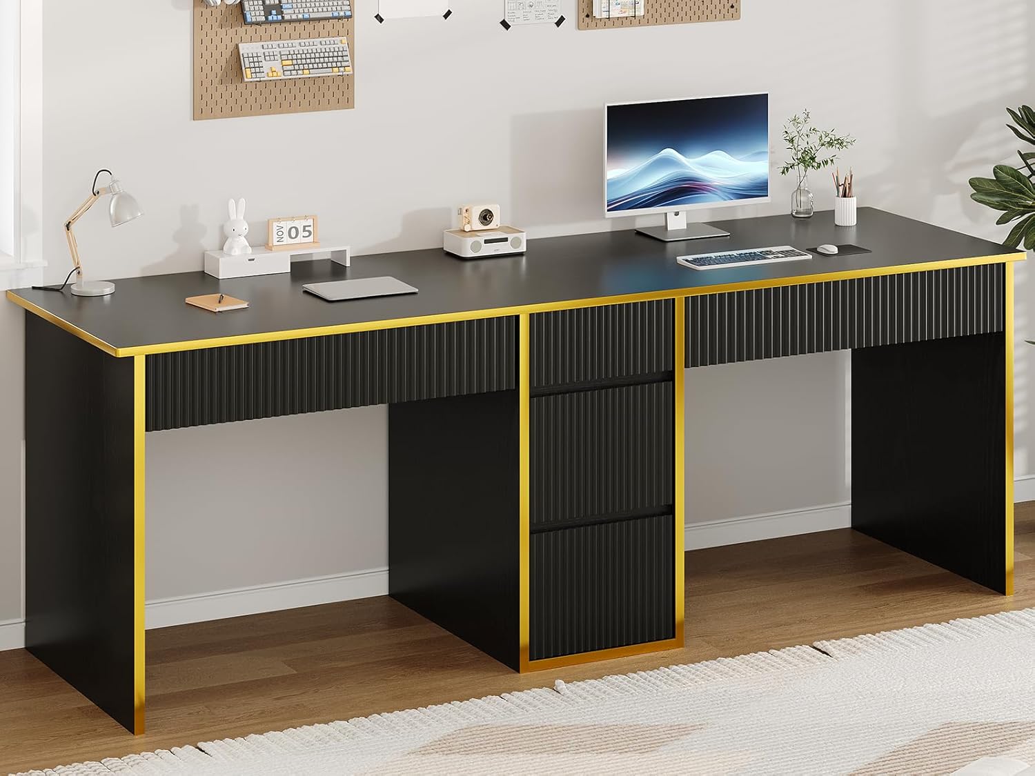 Two Person Desk with Drawers 78.72 Inch White Gold