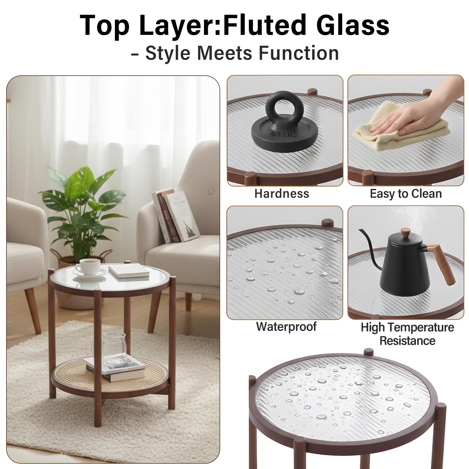 Rattan Coffee Table Round End Table 2-Tier Bamboo Glass Top