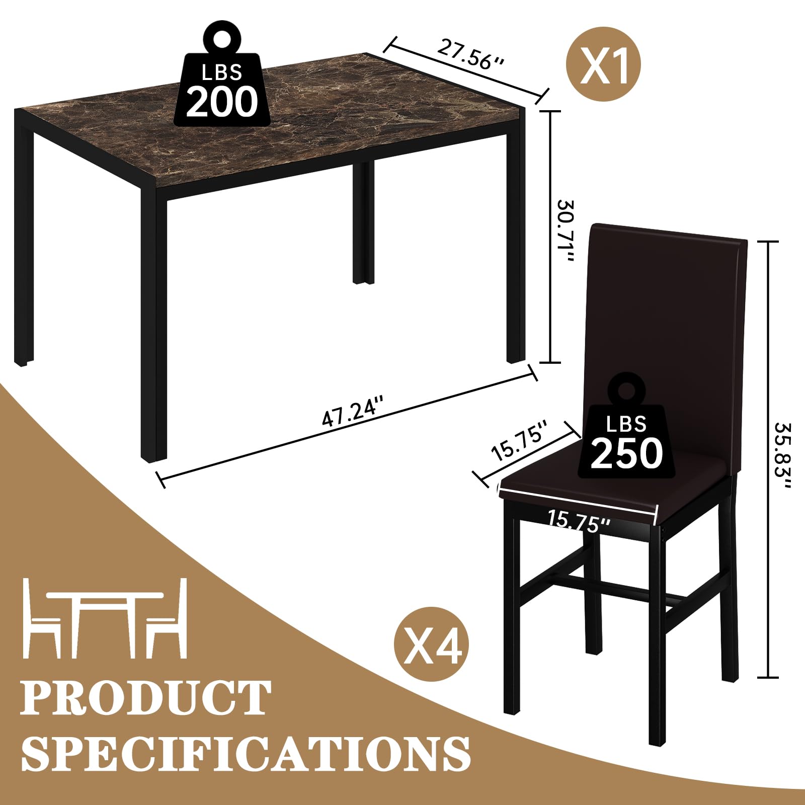4-Piece Faux Marble Dining Table Set with PU Leather Chairs