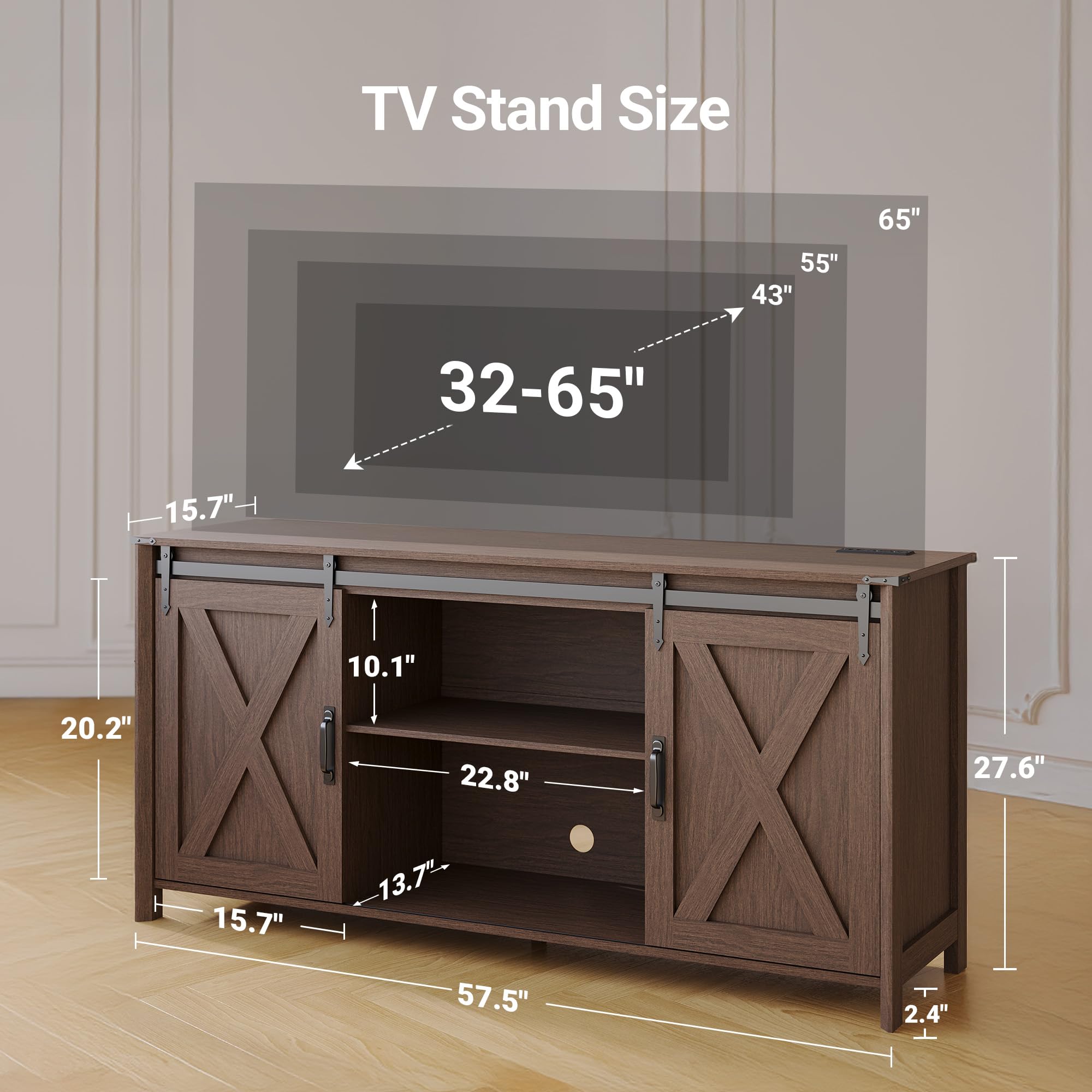 Farmhouse TV Stand with Power Outlet and Sliding Barn Doors
